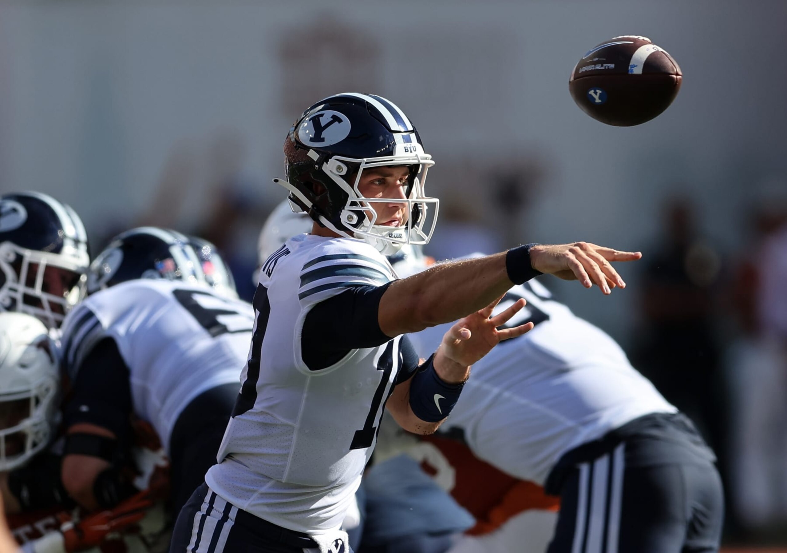 AUSTIN, TEXAS - OCTOBER 28: Kedon Slovis #10 of the Brigham Young Cougars throws a pass in the second half against the Texas Longhorns at Darrell K Royal-Texas Memorial Stadium on October 28, 2023 in Austin, Texas. (Photo by Tim Warner/Getty Images)