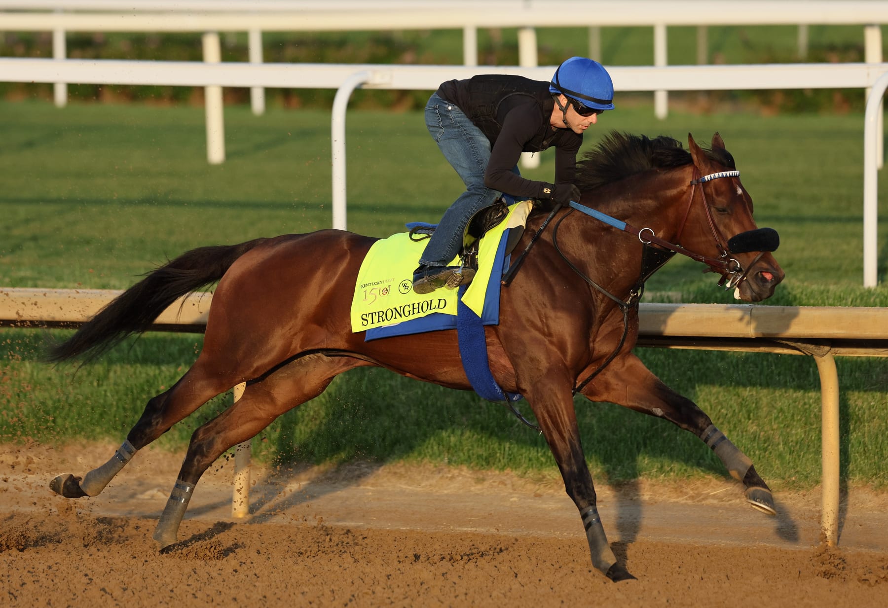 LOUISVILLE, KENTUCKY - APRIL 28: Stronghold runs on the track during the morning training for the Kentucky Derby at Churchill Downs on April 28, 2024 in Louisville, Kentucky.  (Photo by Andy Lyons/Getty Images)