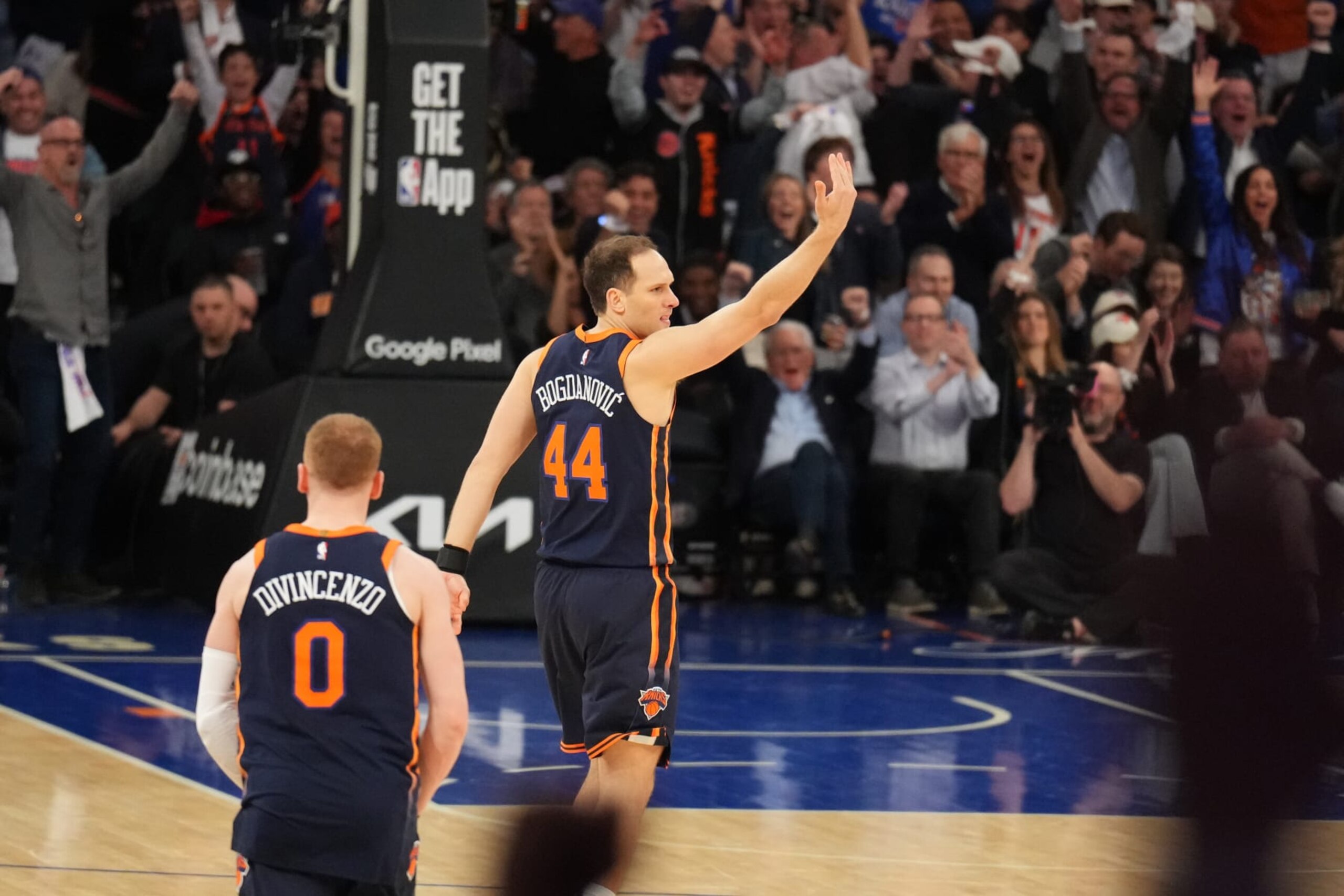 NEW YORK, NY - APRIL 22: Bojan Bogdanovic #44 of the New York Knicks celebrates during the game against the Philadelphia 76ers during Round 1 Game 2 of the 2024 NBA Playoffs on April 22, 2024 at Madison Square Garden in New York City, New York.  NOTE TO USER: User expressly acknowledges and agrees that, by downloading and or using this photograph, User is consenting to the terms and conditions of the Getty Images License Agreement. Mandatory Copyright Notice: Copyright 2024 NBAE  (Photo by Jesse D. Garrabrant/NBAE via Getty Images)