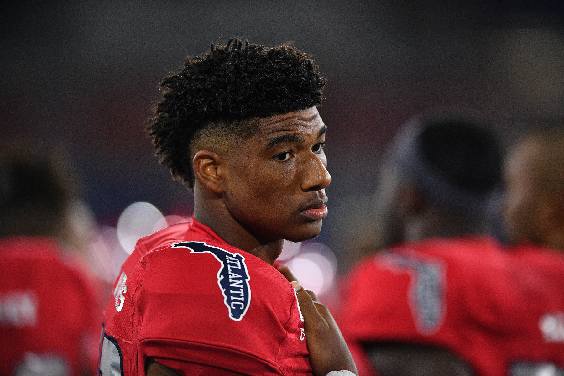 BOCA RATON, FLORIDA - NOVEMBER 09: Terique Owens #18 of the Florida Atlantic Owls looks on during the game against the FIU Golden Panthers in the second half at FAU Stadium on November 09, 2019 in Boca Raton, Florida. (Photo by Mark Brown/Getty Images)
