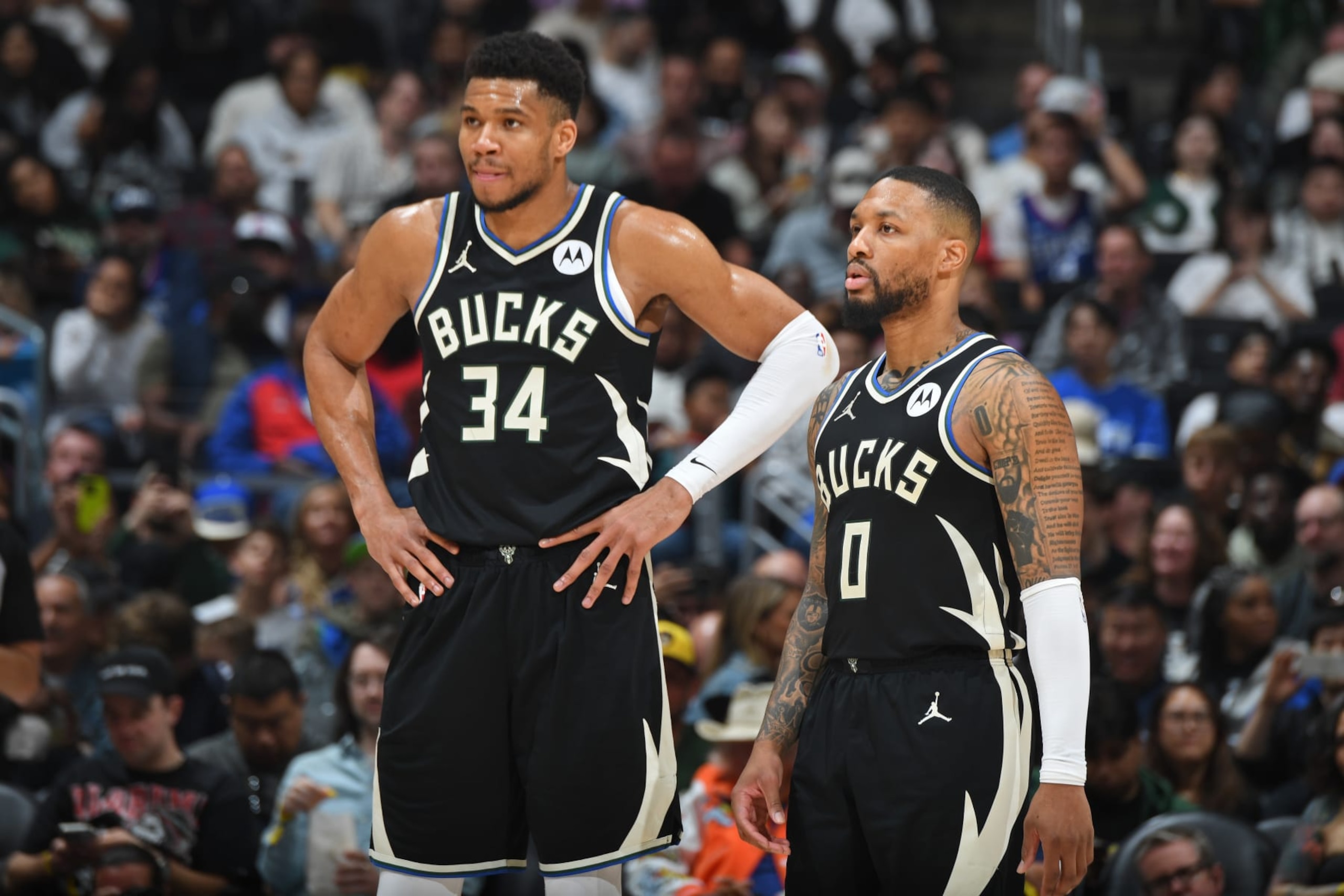 LOS ANGELES, CA - MARCH 10: Giannis Antetokounmpo #34 of the Milwaukee Bucks and Damian Lillard #0 of the Milwaukee Bucks look on during the game against the LA Clippers on March 10, 2024 at Crypto.Com Arena in Los Angeles, California. NOTE TO USER: User expressly acknowledges and agrees that, by downloading and/or using this Photograph, user is consenting to the terms and conditions of the Getty Images License Agreement. Mandatory Copyright Notice: Copyright 2024 NBAE (Photo by Andrew D. Bernstein/NBAE via Getty Images) LOS ANGELES, CA - MARCH 10: Giannis Antetokounmpo #34 of the Milwaukee Bucks and Damian Lillard #0 of the Milwaukee Bucks look on during the game against the LA Clippers on March 10, 2024 at Crypto.Com Arena in Los Angeles, California. NOTE TO USER: User expressly acknowledges and agrees that, by downloading and/or using this Photograph, user is consenting to the terms and conditions of the Getty Images License Agreement. Mandatory Copyright Notice: Copyright 2024 NBAE (Photo by Andrew D. Bernstein/NBAE via Getty Images)