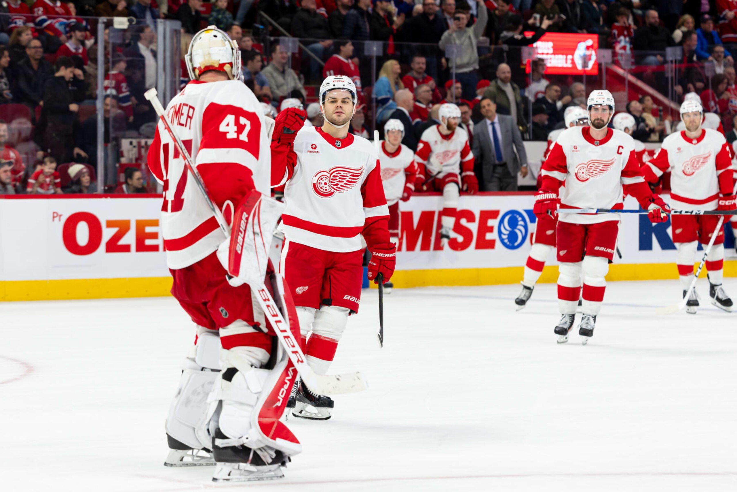 MONTREAL, CANADA - APRIL 16: Alex DeBrincat #93 of the Detroit Red Wings celebrates with teammate James Reimer after a shootout victory of the NHL regular season game against the Montreal Canadiens at the Bell Centre on April 16, 2024 in Montreal, Quebec, Canada. The Detroit Red Wings defeated the Montreal Canadiens in shootout by a score of 5-4. (Photo by Vitor Munhoz/NHLI via Getty Images)