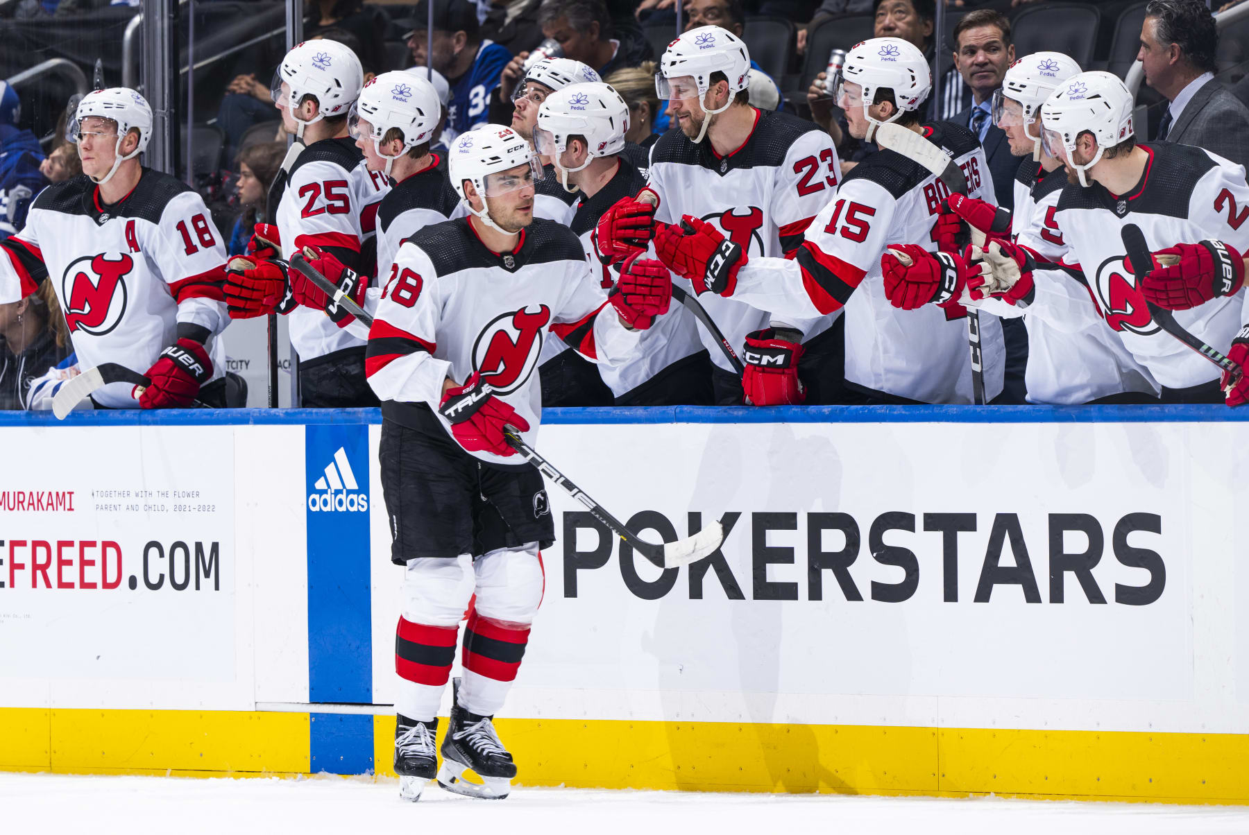 TORONTO, ON - APRIL 11: Timo Meier #28 of the New Jersey Devils celebrates his goal against the Toronto Maple Leafs during the second period at Scotiabank Arena on April 11, 2024 in Toronto, Ontario, Canada. (Photo by Mark Blinch/NHLI via Getty Images)