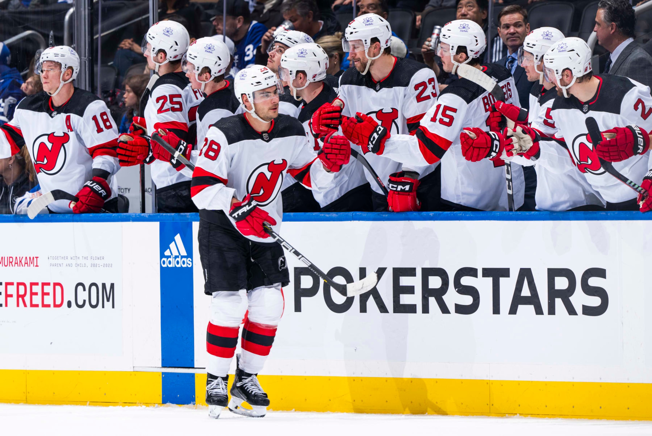 TORONTO, ON - APRIL 11: Timo Meier #28 of the New Jersey Devils celebrates his goal against the Toronto Maple Leafs during the second period at Scotiabank Arena on April 11, 2024 in Toronto, Ontario, Canada. (Photo by Mark Blinch/NHLI via Getty Images)