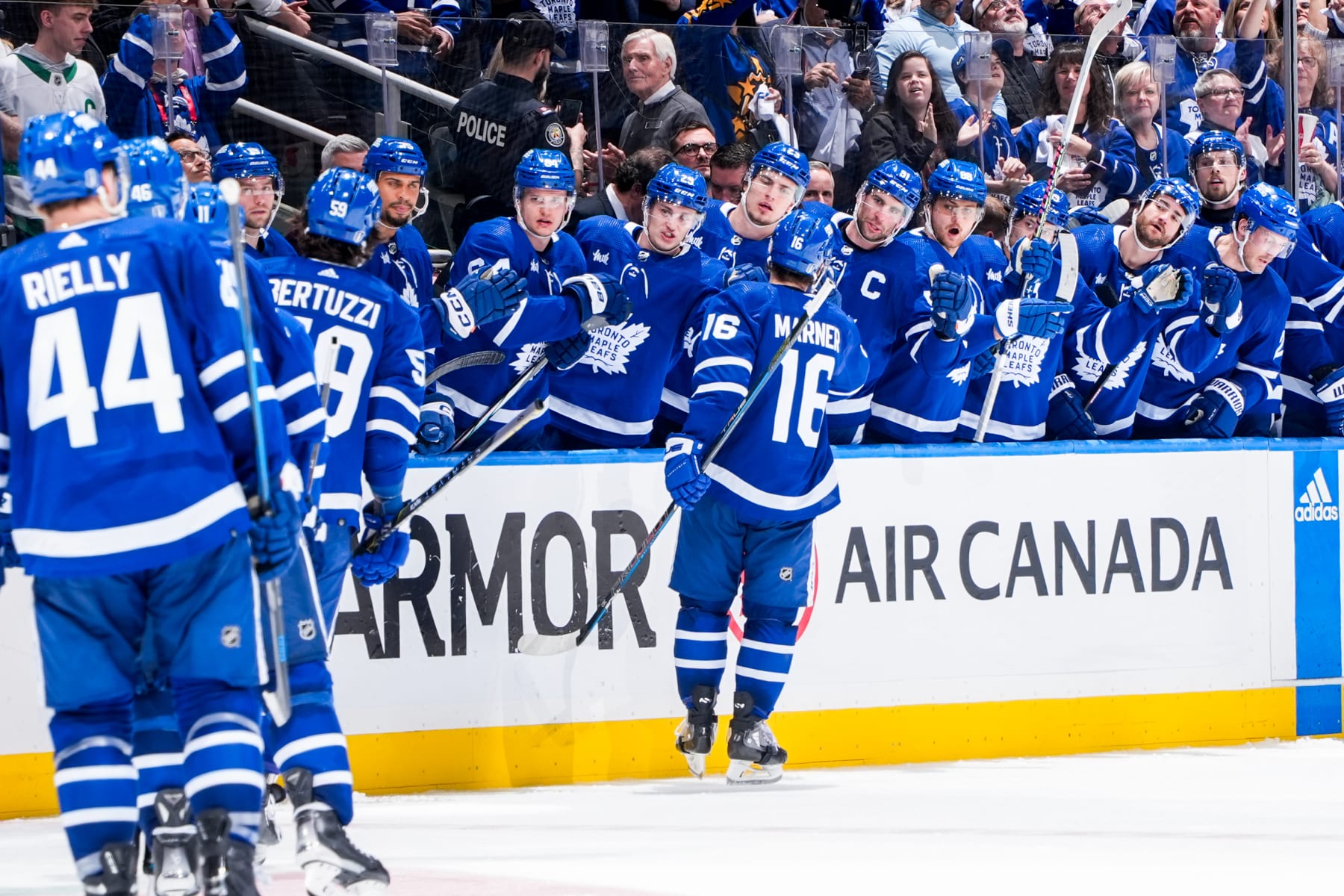 TORONTO, ON - APRIL 27: Mitch Marner #16 of the Toronto Maple Leafs celebrates his goal against the Boston Bruins during the third period in Game Four of the First Round of the 2024 Stanley Cup Playoffs at Scotiabank Arena on April 27, 2024 in Toronto, Ontario, Canada. (Photo by Mark Blinch/NHLI via Getty Images)