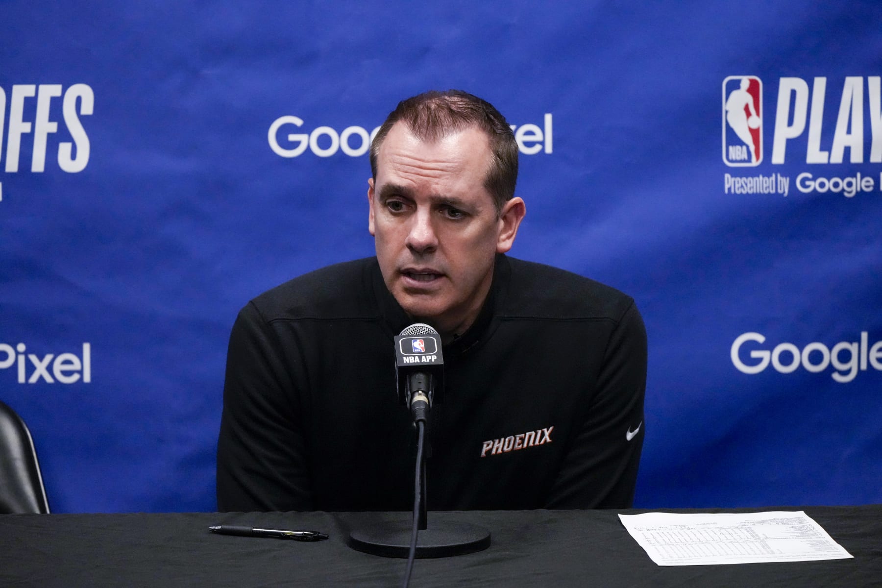 MINNEAPOLIS, MN -  APRIL 20: Head Coach Frank Vogel of the Phoenix Suns speaks at the press conference after Round One Game One of the 2024 NBA Playoffs against the Minnesota Timberwolves on April 20, 2024 at Target Center in Minneapolis, Minnesota. NOTE TO USER: User expressly acknowledges and agrees that, by downloading and or using this Photograph, user is consenting to the terms and conditions of the Getty Images License Agreement. Mandatory Copyright Notice: Copyright 2024 NBAE (Photo by Jordan Johnson/NBAE via Getty Images)