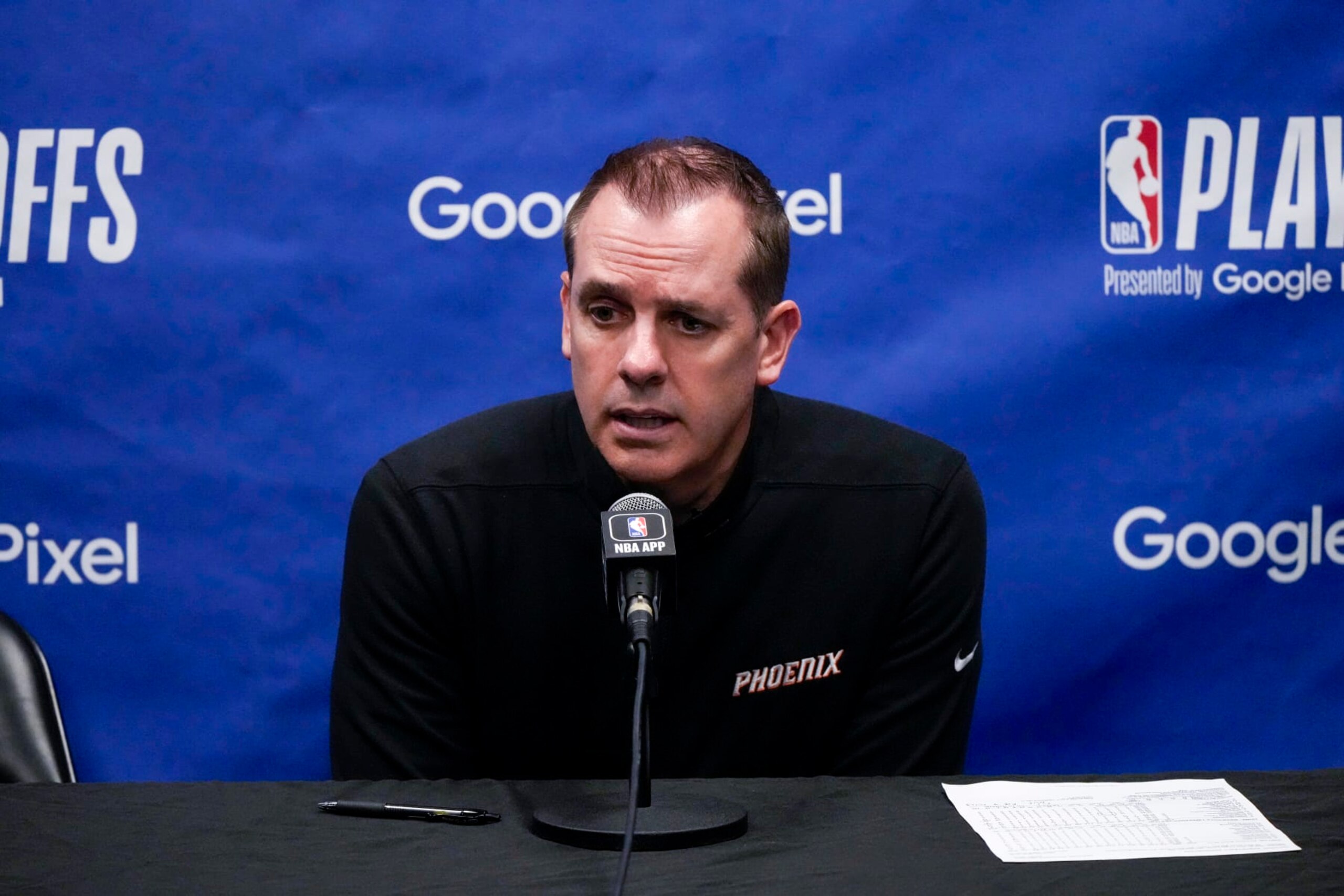 MINNEAPOLIS, MN -  APRIL 20: Head Coach Frank Vogel of the Phoenix Suns speaks at the press conference after Round One Game One of the 2024 NBA Playoffs against the Minnesota Timberwolves on April 20, 2024 at Target Center in Minneapolis, Minnesota. NOTE TO USER: User expressly acknowledges and agrees that, by downloading and or using this Photograph, user is consenting to the terms and conditions of the Getty Images License Agreement. Mandatory Copyright Notice: Copyright 2024 NBAE (Photo by Jordan Johnson/NBAE via Getty Images)