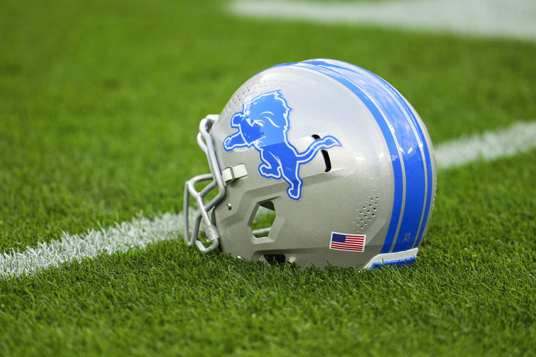 GREEN BAY, WI - SEPTEMBER 28:  Detailed view of a Detroit Lions helmet prior to an NFL football game at Lambeau Field on September 28, 2023 in Green Bay, Wisconsin. (Photo by Cooper Neill/Getty Images)