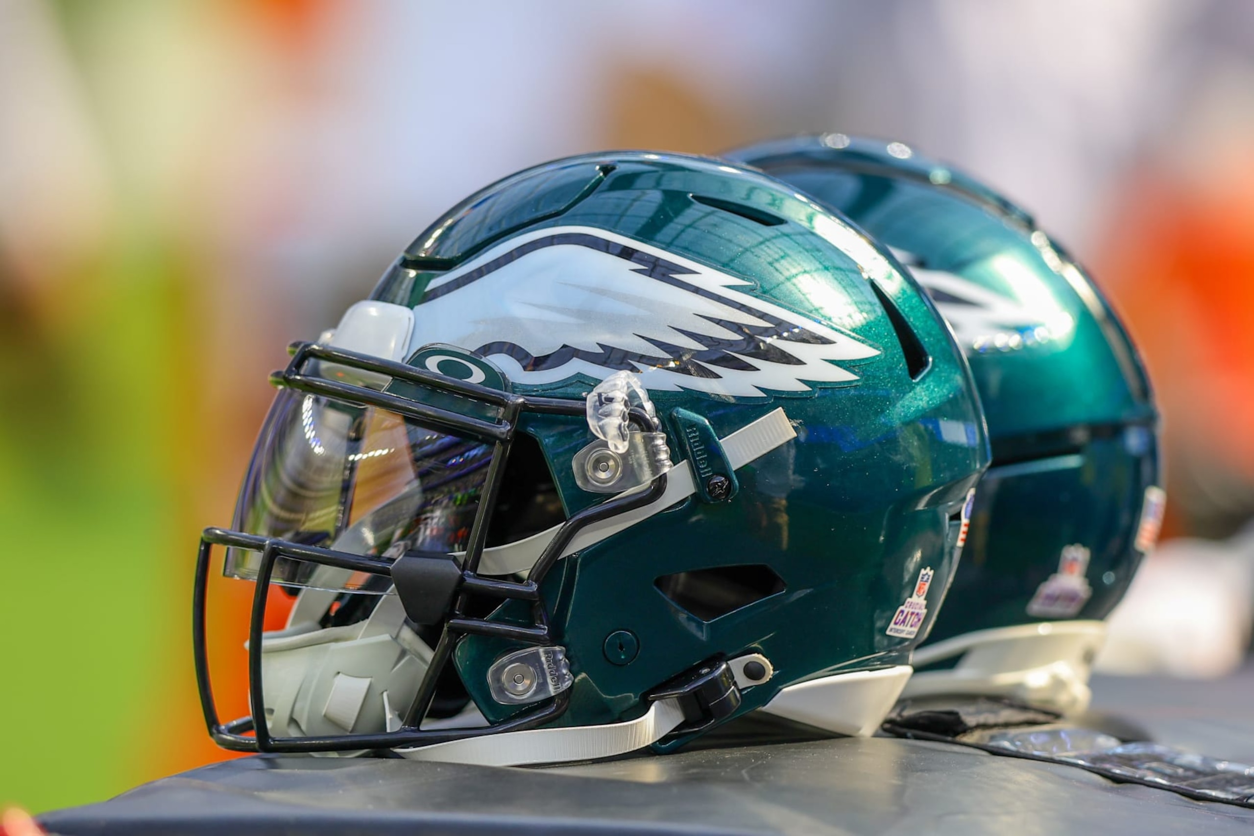 INGLEWOOD, CA - OCTOBER 08: Philadelphia Eagles helmet during the NFL game between the Philadelphia Eagles and the Los Angeles Rams on October 08, 2023, at SoFi Stadium in Inglewood, CA.(Photo by Jordon Kelly/Icon Sportswire via Getty Images) INGLEWOOD, CA - OCTOBER 08: Philadelphia Eagles helmet during the NFL game between the Philadelphia Eagles and the Los Angeles Rams on October 08, 2023, at SoFi Stadium in Inglewood, CA.(Photo by Jordon Kelly/Icon Sportswire via Getty Images)