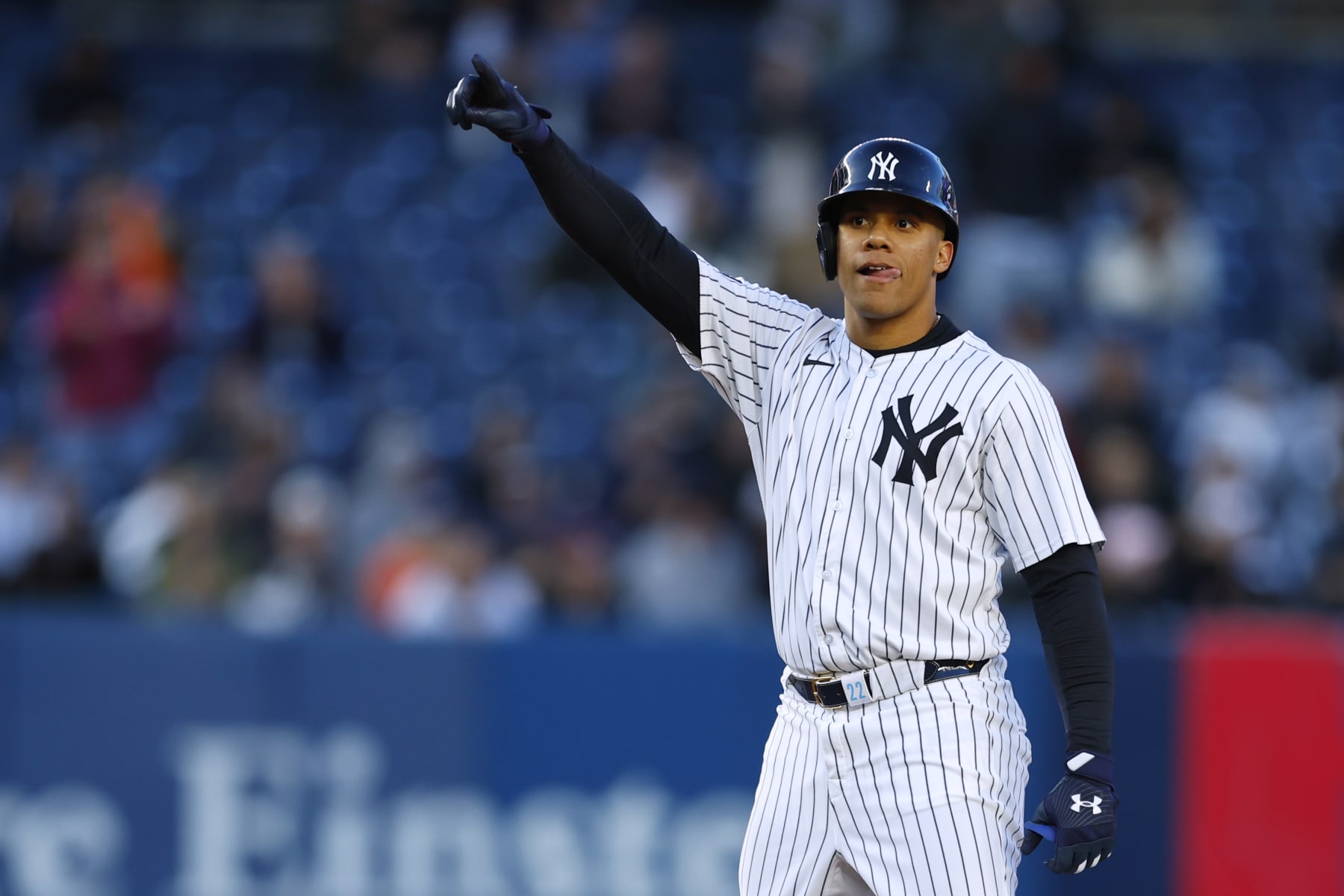 NEW YORK, NEW YORK - APRIL 25: Juan Soto #22 of the New York Yankees gestures after he hit a double against the Oakland Athletics during a game at Yankee Stadium on April 25, 2024 in New York City. (Photo by Rich Schultz/Getty Images)