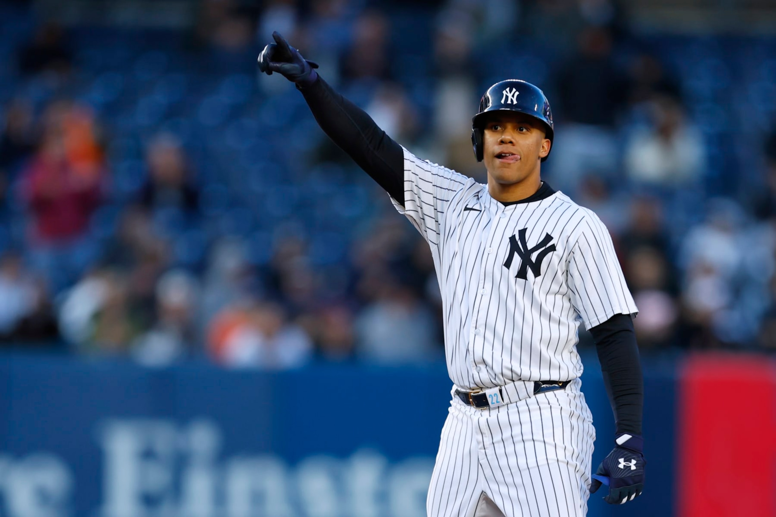 NEW YORK, NEW YORK - APRIL 25: Juan Soto #22 of the New York Yankees gestures after he hit a double against the Oakland Athletics during a game at Yankee Stadium on April 25, 2024 in New York City. (Photo by Rich Schultz/Getty Images) NEW YORK, NEW YORK - APRIL 25: Juan Soto #22 of the New York Yankees gestures after he hit a double against the Oakland Athletics during a game at Yankee Stadium on April 25, 2024 in New York City. (Photo by Rich Schultz/Getty Images)