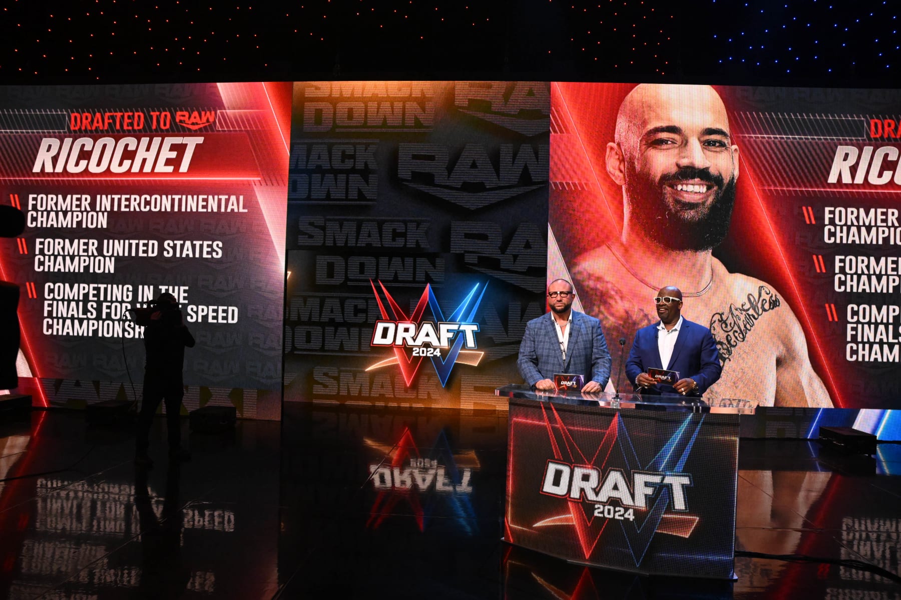 CINCINNATI, OHIO - APRIL 26: The Dudley Boyz Announce round three draft picks at Heritage Bank Center on April 26, 2024 in Cincinnati, Ohio.  (Photo by WWE/Getty Images)