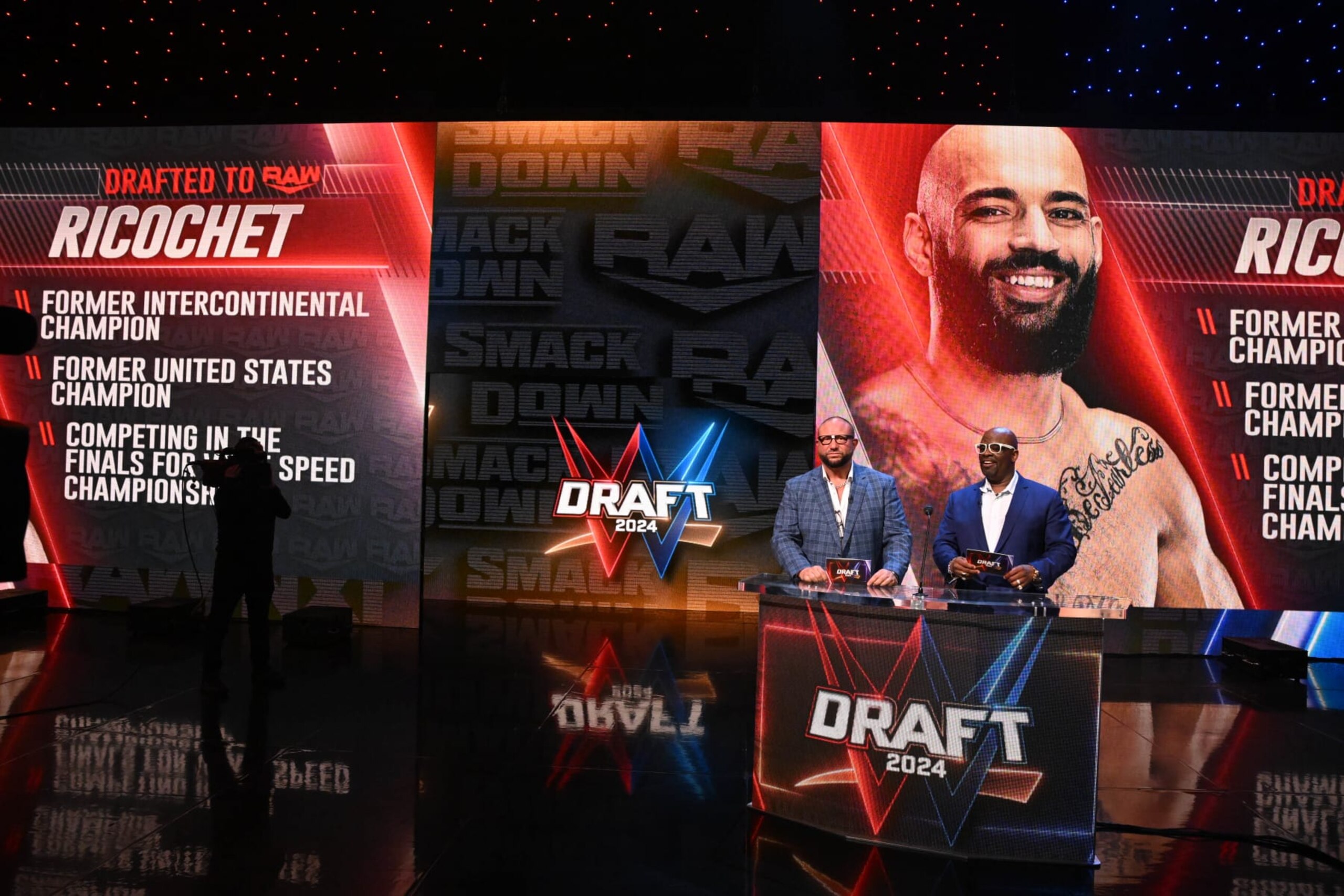 CINCINNATI, OHIO - APRIL 26: The Dudley Boyz Announce round three draft picks at Heritage Bank Center on April 26, 2024 in Cincinnati, Ohio.  (Photo by WWE/Getty Images)