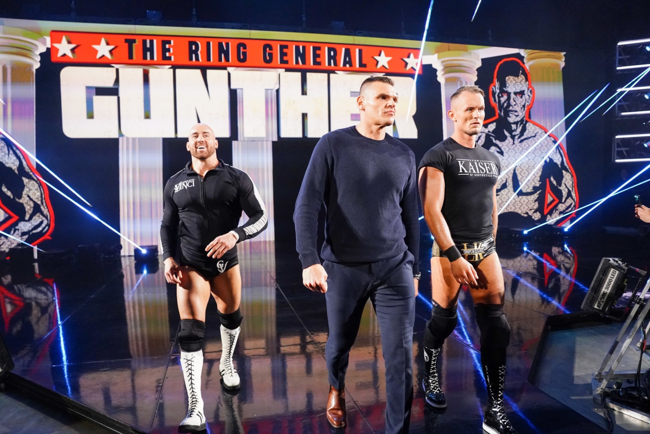 COLUMBUS, OHIO - APRIL 22: Giovanni Vinci, Gunther, and Ludwig Kaiser of Imperium making their way to the ring during Monday Night RAW at Jerome Schottenstein Center on April 22, 2024 in Columbus, Ohio.  (Photo by WWE/Getty Images)