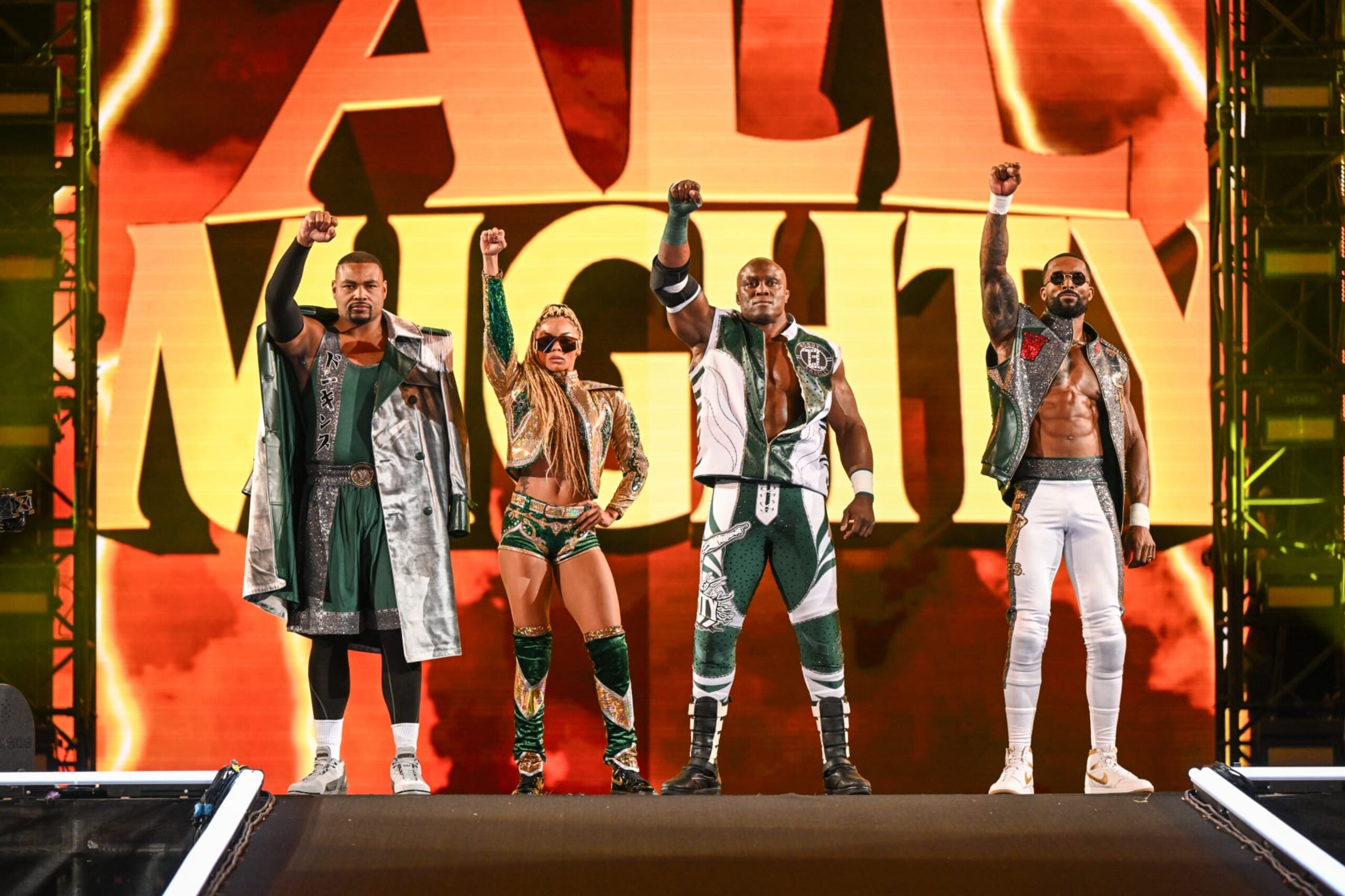 PHILADELPHIA, PENNSYLVANIA - APRIL 07: Angelo Dawkins, B-Fab, Bobby Lashley, and Montez Ford enter the ring during Night Two of WrestleMania 40 at Lincoln Financial Field on April 7, 2024 in Philadelphia, Pennsylvania. (Photo by WWE/Getty Images)