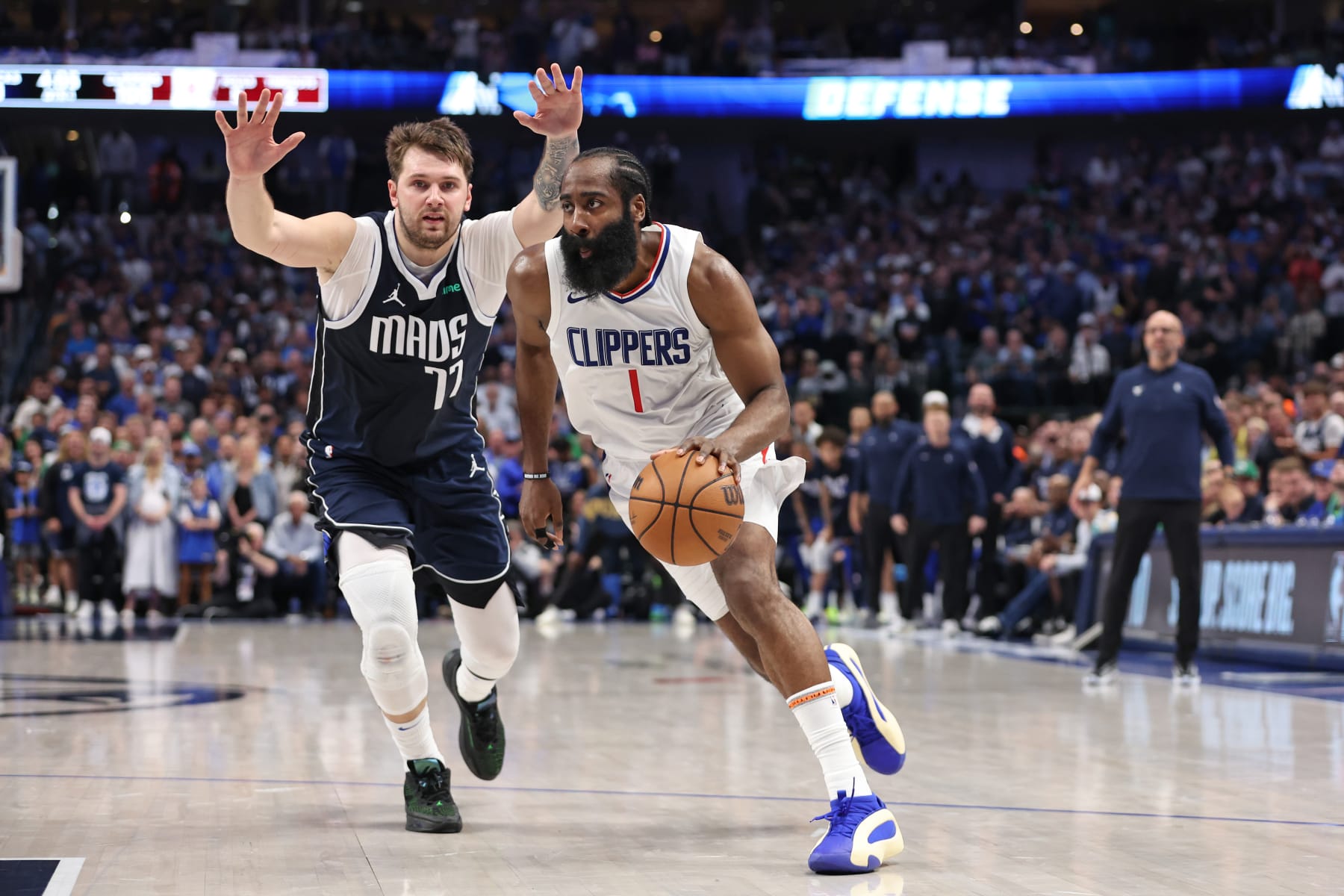 DALLAS, TX - APRIL 28: James Harden #1 of the LA Clippers dribbles the ball during the game against the Dallas Mavericks during Round 1 Game 4 of the 2024 NBA Playoffs on April 28, 2024 at the American Airlines Center in Dallas, Texas. NOTE TO USER: User expressly acknowledges and agrees that, by downloading and or using this photograph, User is consenting to the terms and conditions of the Getty Images License Agreement. Mandatory Copyright Notice: Copyright 2024 NBAE (Photo by Tim Heitman/NBAE via Getty Images) DALLAS, TX - APRIL 28: James Harden #1 of the LA Clippers dribbles the ball during the game against the Dallas Mavericks during Round 1 Game 4 of the 2024 NBA Playoffs on April 28, 2024 at the American Airlines Center in Dallas, Texas. NOTE TO USER: User expressly acknowledges and agrees that, by downloading and or using this photograph, User is consenting to the terms and conditions of the Getty Images License Agreement. Mandatory Copyright Notice: Copyright 2024 NBAE (Photo by Tim Heitman/NBAE via Getty Images)