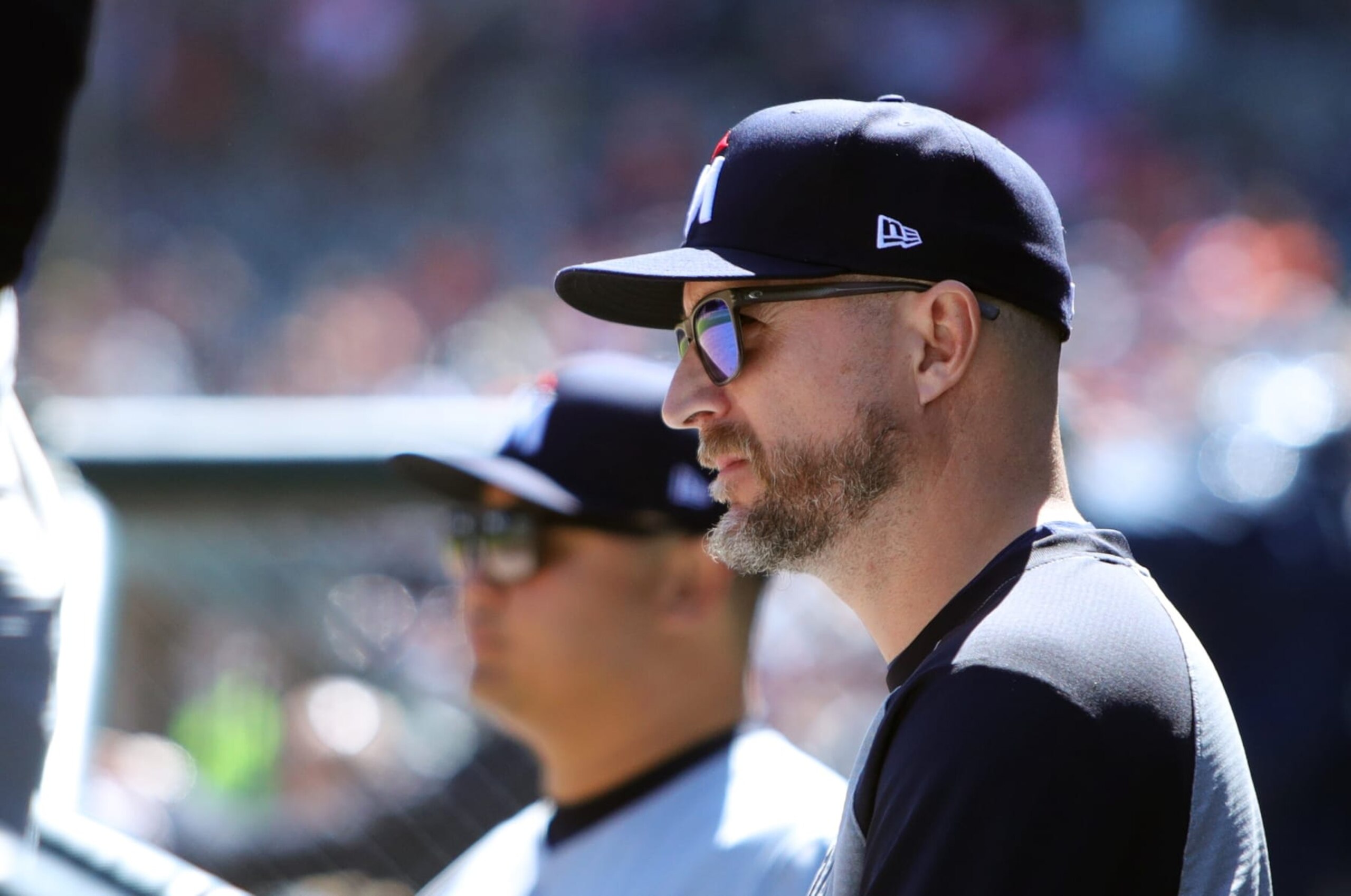 DETROIT, MI -  APRIL 13:  Manger Rocco Baldelli #5 of the Minnesota Twins during game one of a double header against the Detroit Tigers at Comerica Park on April 13, 2024 in Detroit, Michigan. (Photo by Duane Burleson/Getty Images)