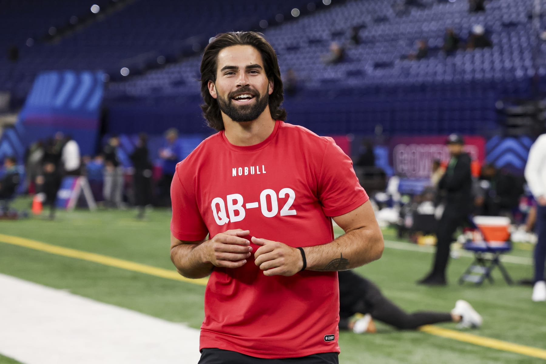 INDIANAPOLIS, INDIANA - MARCH 2: Sam Hartman #QB02 of Notre Dame smiles during the NFL Scouting Combine at Lucas Oil Stadium on March 2, 2024 in Indianapolis, Indiana. (Photo by Kara Durrette/Getty Images)