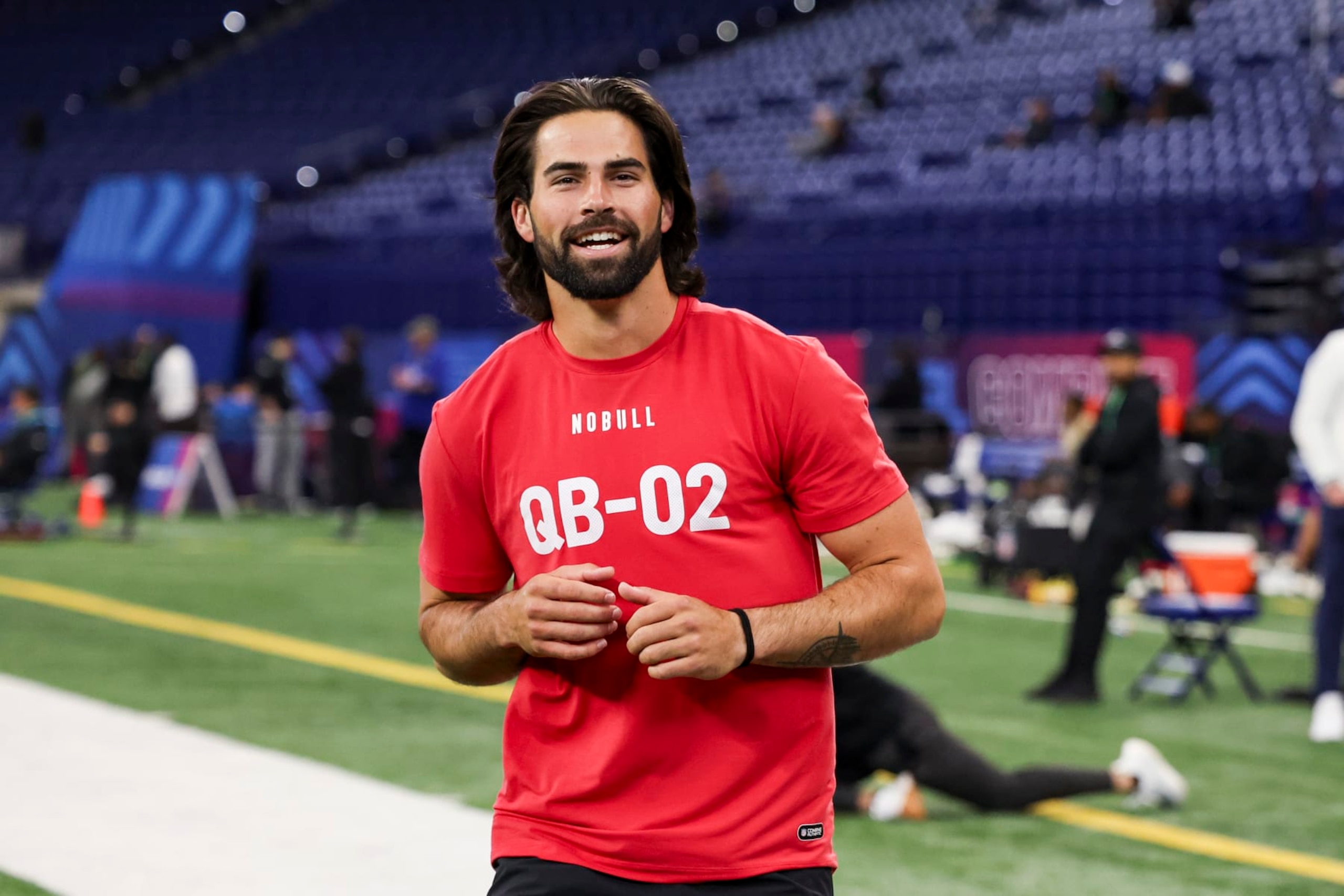 INDIANAPOLIS, INDIANA - MARCH 2: Sam Hartman #QB02 of Notre Dame smiles during the NFL Scouting Combine at Lucas Oil Stadium on March 2, 2024 in Indianapolis, Indiana. (Photo by Kara Durrette/Getty Images)