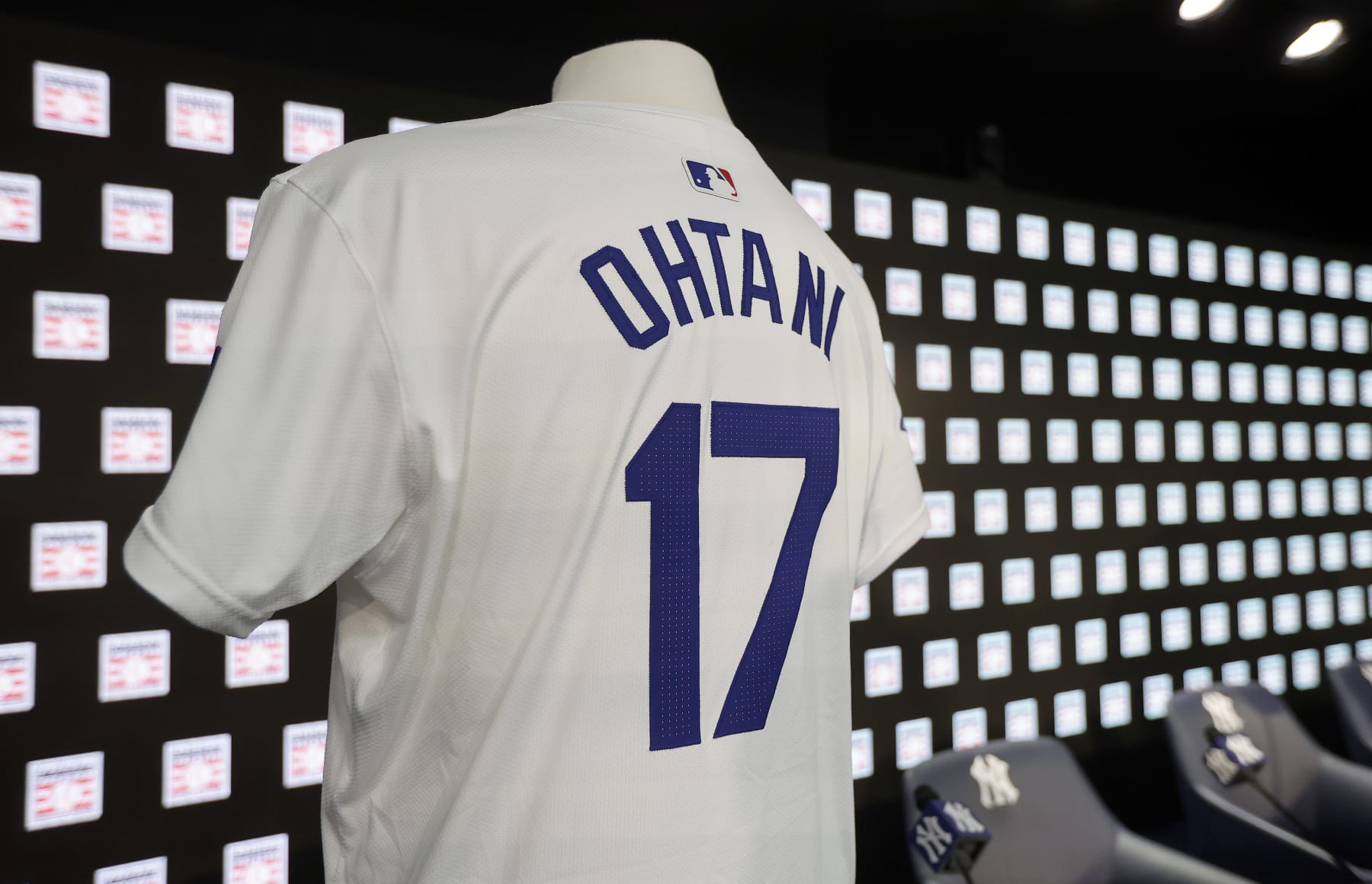 NEW YORK, NEW YORK - APRIL 21:  A game used jersey of Shohei Ohtani is seen before a press conference introducing the Baseball Hall of Fame's Transpacific Baseball Exchange exhibit prior to a game between the New York Yankees and the Tampa Bay Rays at Yankee Stadium on April 21, 2024 in New York City. (Photo by Jim McIsaac/Getty Images)