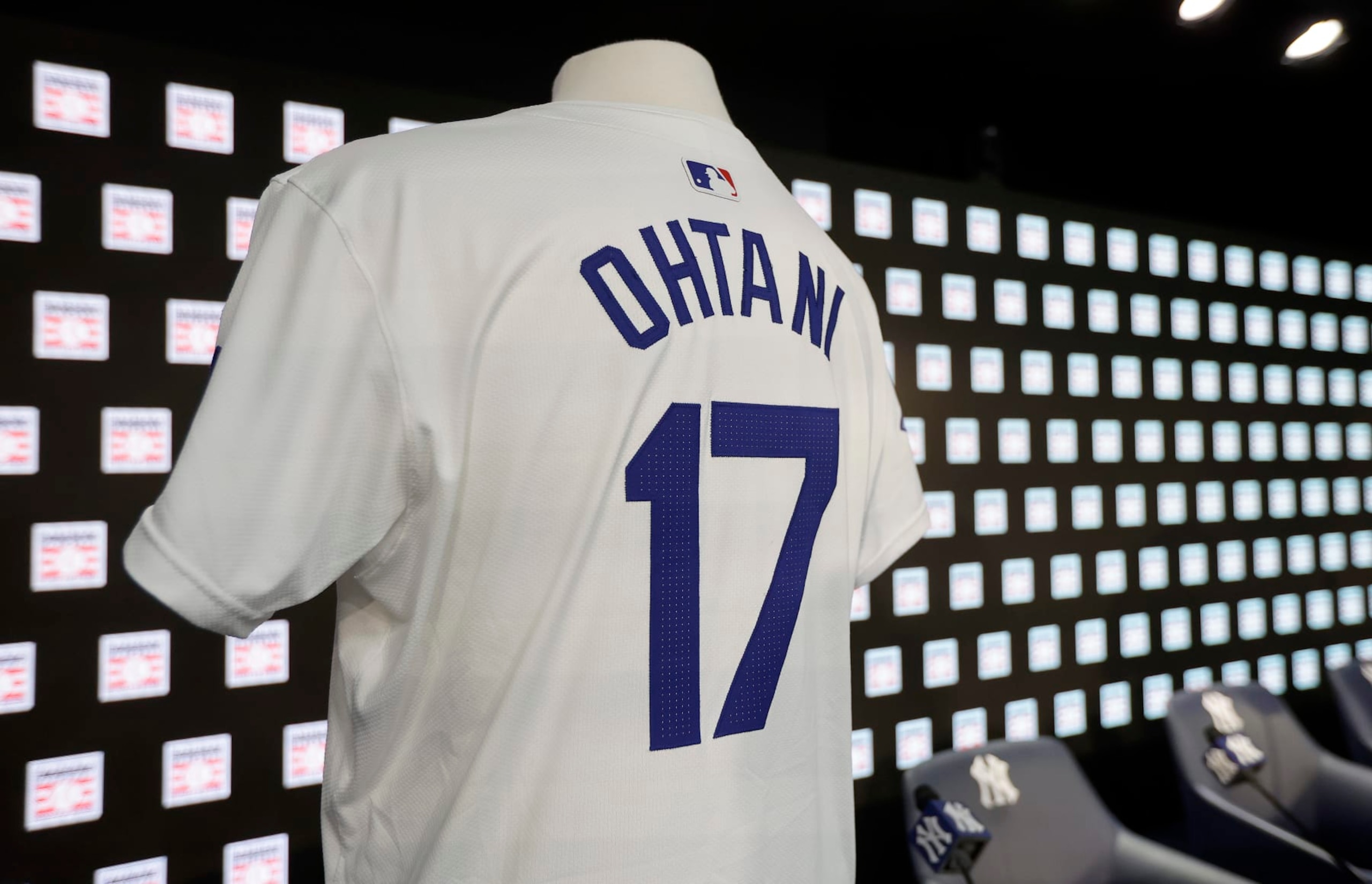 NEW YORK, NEW YORK - APRIL 21:  A game used jersey of Shohei Ohtani is seen before a press conference introducing the Baseball Hall of Fame's Transpacific Baseball Exchange exhibit prior to a game between the New York Yankees and the Tampa Bay Rays at Yankee Stadium on April 21, 2024 in New York City. (Photo by Jim McIsaac/Getty Images)