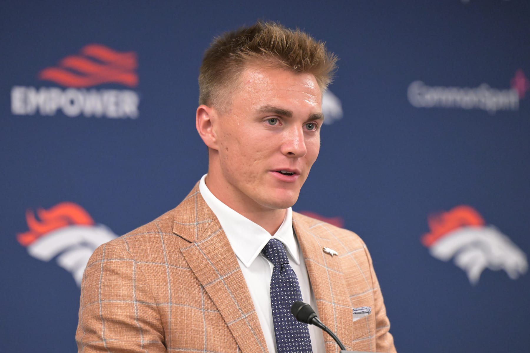 ENGLEWOOD, CO - APRIL 26 : Denver Broncos quarterback Bo Nix introduced at Centura Health Training Center in Englewood, Colorado on Friday, April 26, 2024. (Photo by Hyoung Chang/The Denver Post)