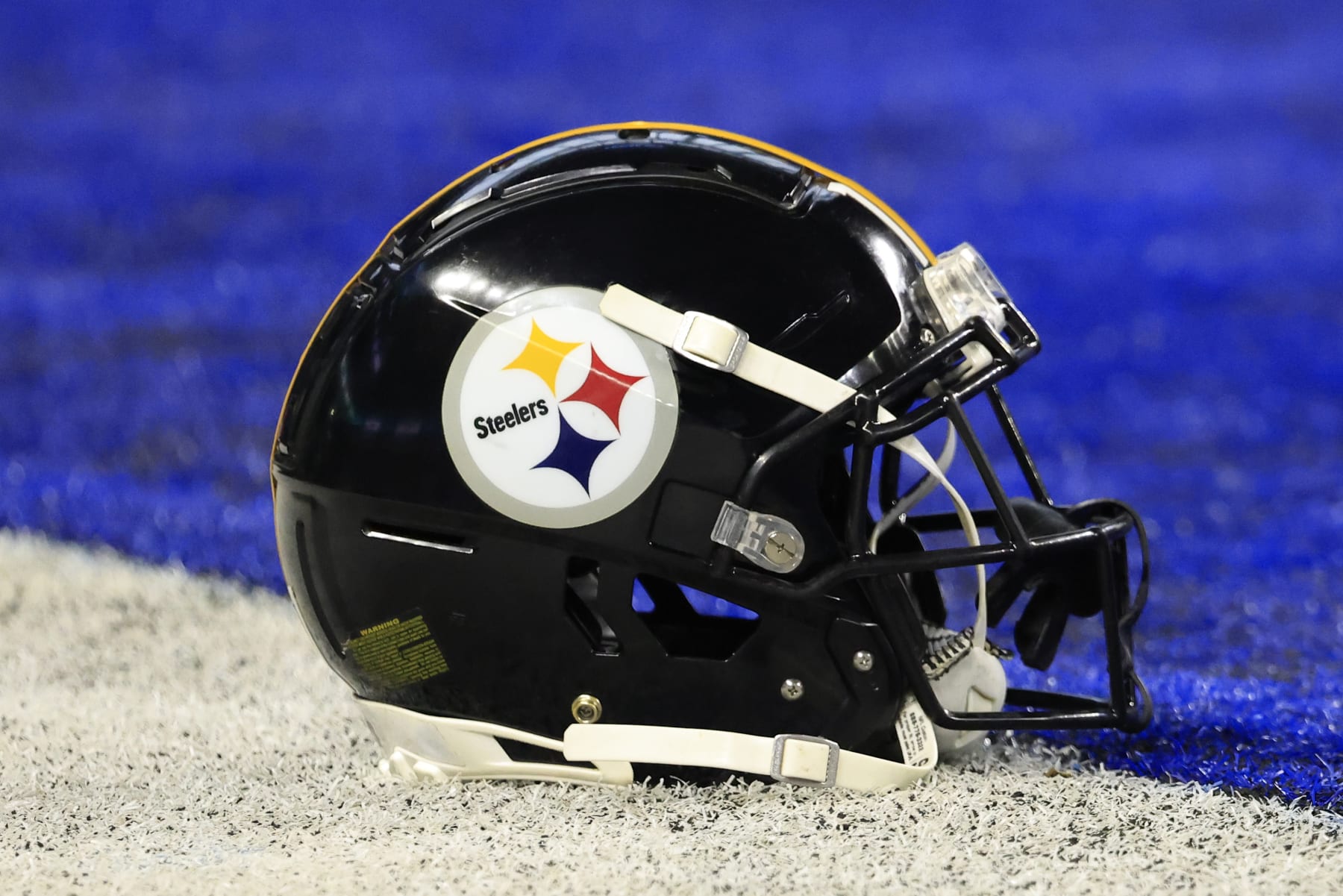 INDIANAPOLIS, INDIANA - DECEMBER 16: A Pittsburgh Steelers helmet is seen on the field prior to the game between the Indianapolis Colts at Lucas Oil Stadium on December 16, 2023 in Indianapolis, Indiana. (Photo by Justin Casterline/Getty Images)