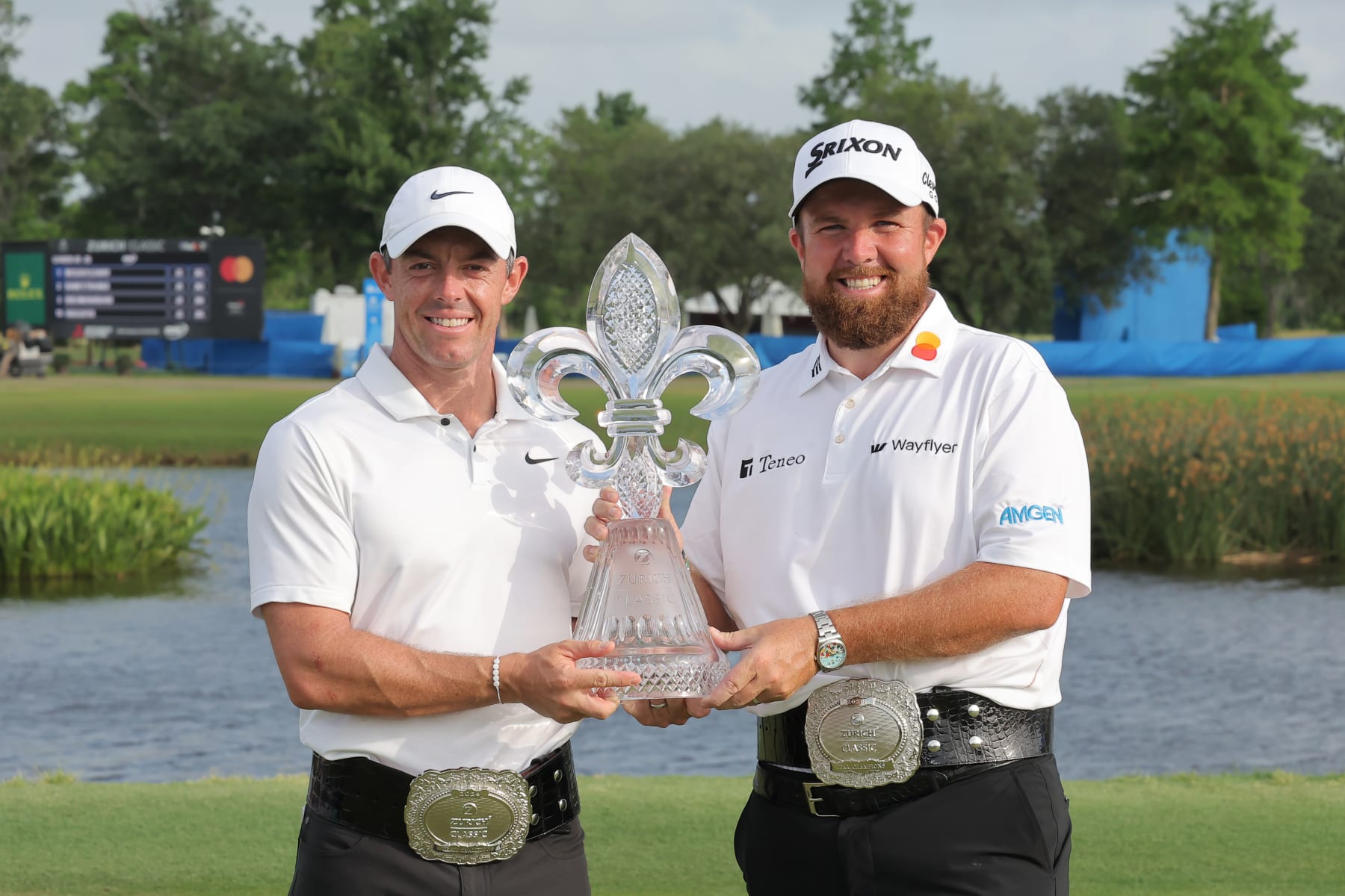 AVONDALE, LOUISIANA - APRIL 28: (L-R) Rory McIlroy of Northern Ireland and Shane Lowry of Ireland pose with the trophy after the final round of the Zurich Classic of New Orleans at TPC Louisiana on April 28, 2024 in Avondale, Louisiana. (Photo by Jonathan Bachman/Getty Images)