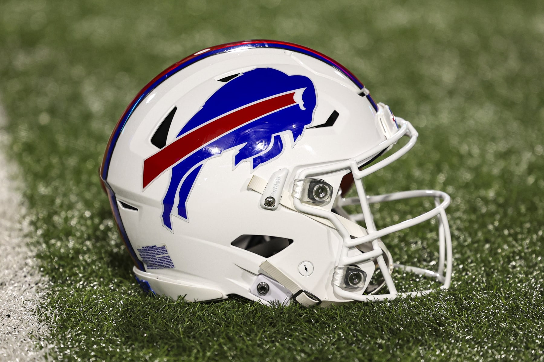 ORCHARD PARK, NY - NOVEMBER 13:  Detailed view of a Buffalo Bills helmet prior to an NFL football game between the Denver Broncos and the Buffalo Bills at Highmark Stadium on November 13, 2023 in Orchard Park, New York. (Photo by Perry Knotts/Getty Images)