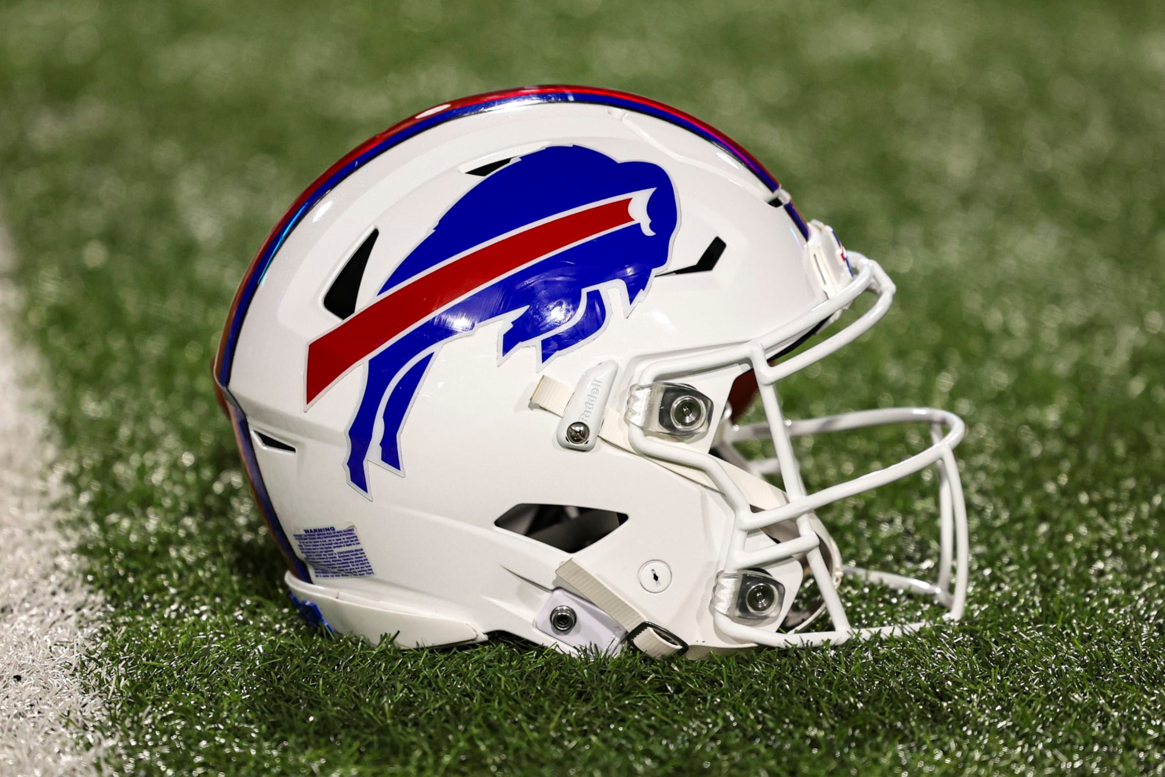 ORCHARD PARK, NY - NOVEMBER 13: Detailed view of a Buffalo Bills helmet prior to an NFL football game between the Denver Broncos and the Buffalo Bills at Highmark Stadium on November 13, 2023 in Orchard Park, New York. (Photo by Perry Knotts/Getty Images) ORCHARD PARK, NY - NOVEMBER 13: Detailed view of a Buffalo Bills helmet prior to an NFL football game between the Denver Broncos and the Buffalo Bills at Highmark Stadium on November 13, 2023 in Orchard Park, New York. (Photo by Perry Knotts/Getty Images)