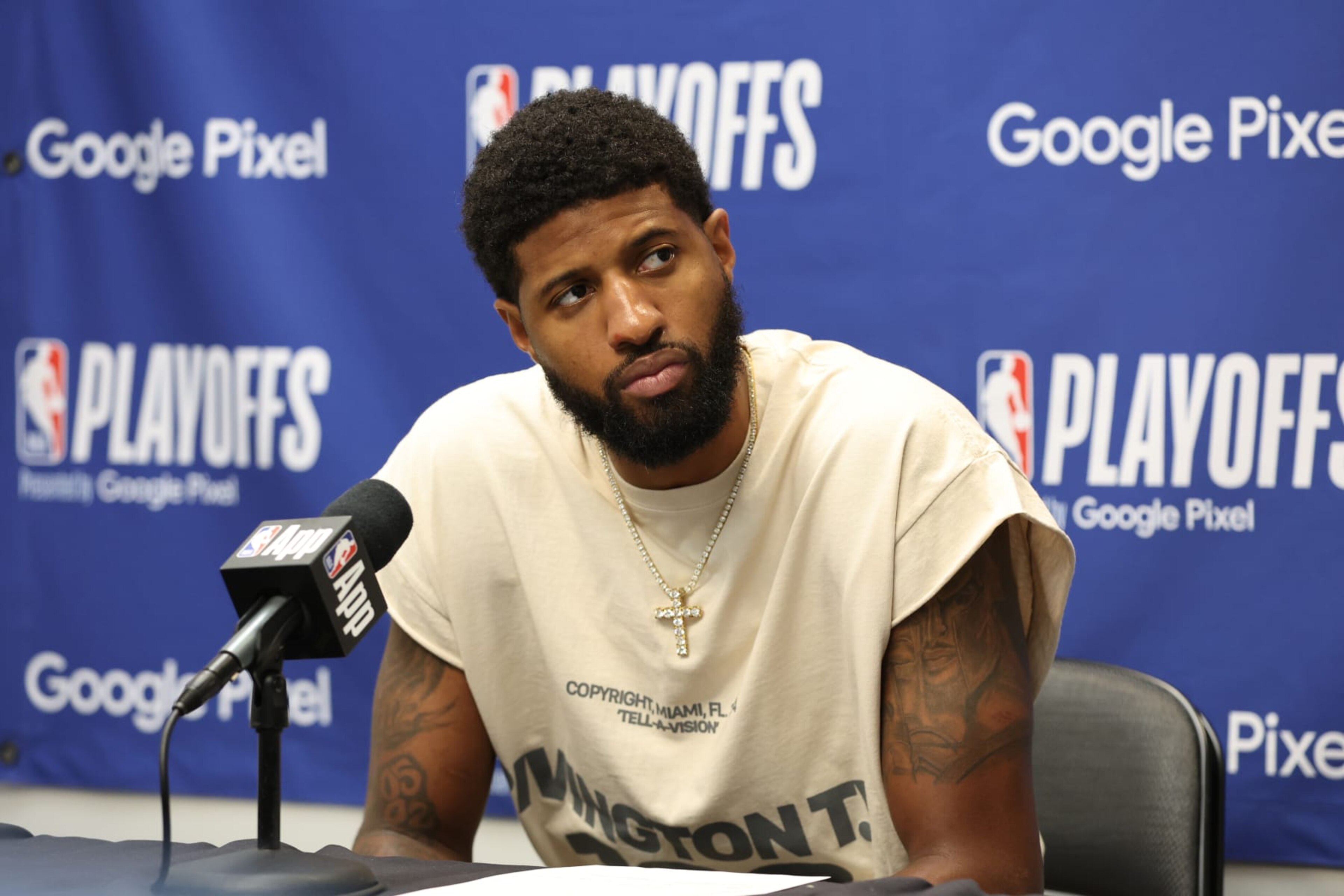 DALLAS, TX - APRIL 28: Paul George #13 of the LA Clippers talks to the media after the game against the Dallas Mavericks during Round 1 Game 4 of the 2024 NBA Playoffs on April 28, 2024 at the American Airlines Center in Dallas, Texas. NOTE TO USER: User expressly acknowledges and agrees that, by downloading and or using this photograph, User is consenting to the terms and conditions of the Getty Images License Agreement. Mandatory Copyright Notice: Copyright 2024 NBAE (Photo by Tim Heitman/NBAE via Getty Images)