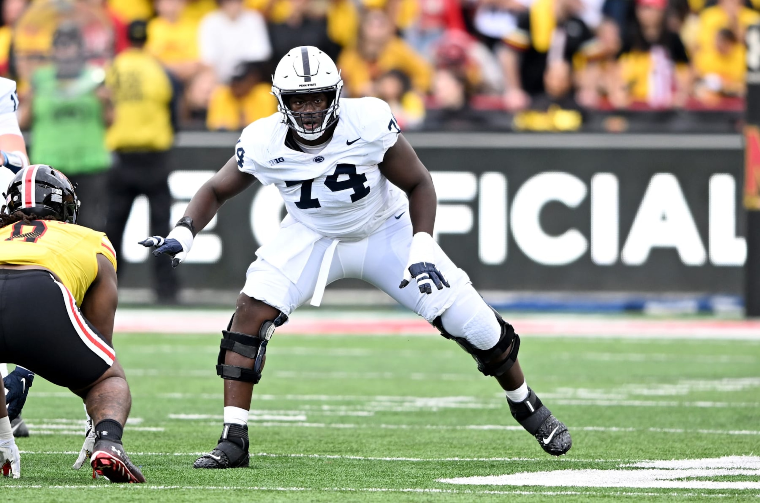 COLLEGE PARK, MARYLAND - NOVEMBER 04: Olumuyiwa Fashanu #74 of the Penn State Nittany Lions blocks against the Maryland Terrapins at SECU Stadium on November 04, 2023 in College Park, Maryland. (Photo by G Fiume/Getty Images) COLLEGE PARK, MARYLAND - NOVEMBER 04: Olumuyiwa Fashanu #74 of the Penn State Nittany Lions blocks against the Maryland Terrapins at SECU Stadium on November 04, 2023 in College Park, Maryland. (Photo by G Fiume/Getty Images)