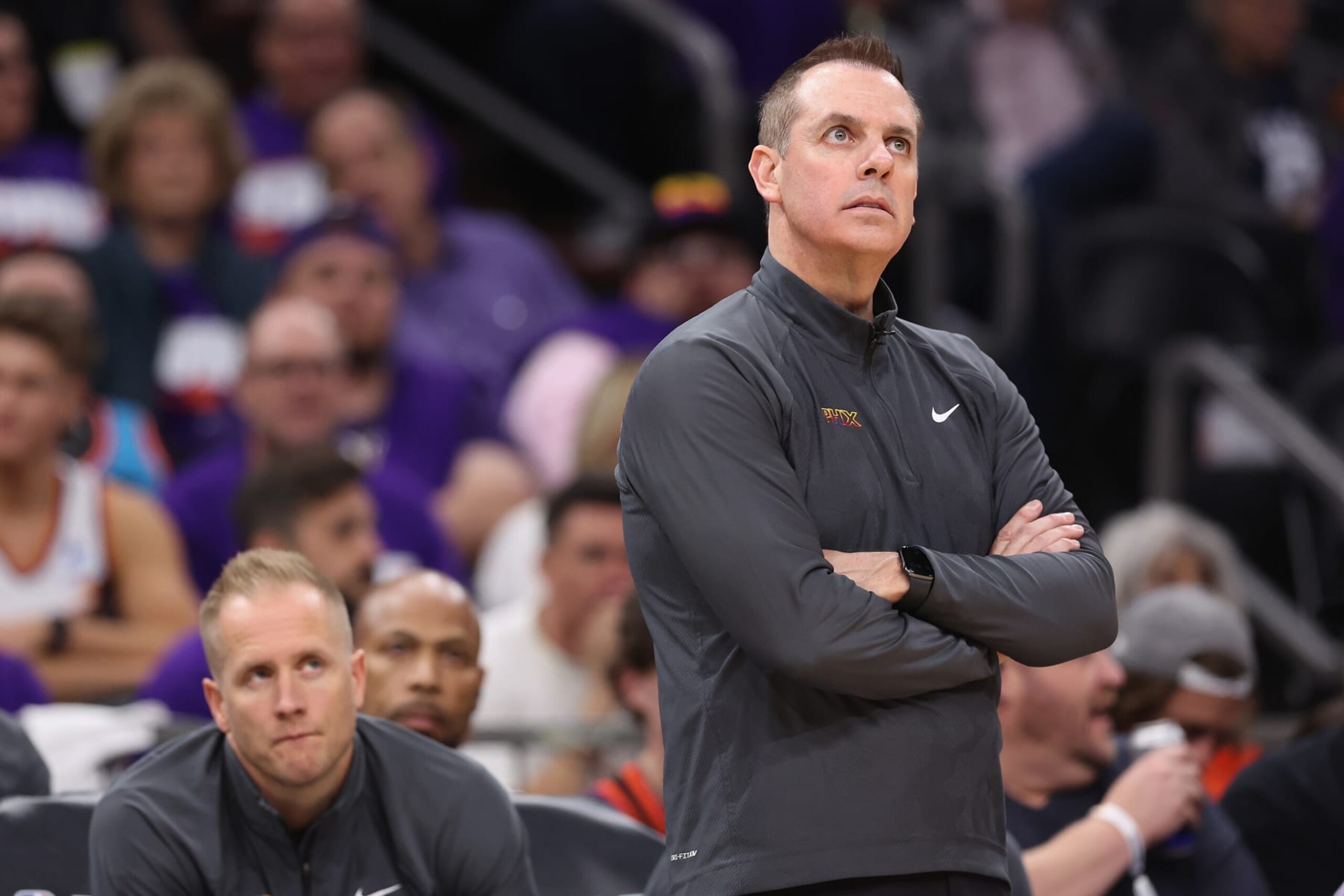 PHOENIX, ARIZONA - APRIL 26: Head coach Frank Vogel of the Phoenix Suns reacts during the second half of game three of the Western Conference First Round Playoffs at Footprint Center on April 26, 2024 in Phoenix, Arizona. The Timberwolves defeated the Suns 126-109. ˆNOTE TO USER: User expressly acknowledges and agrees that, by downloading and or using this photograph, User is consenting to the terms and conditions of the Getty Images License Agreement. NOTE TO USER: User expressly acknowledges and agrees that, by downloading and or using this photograph, User is consenting to the terms and conditions of the Getty Images License Agreement. ˆ (Photo by Christian Petersen/Getty Images)