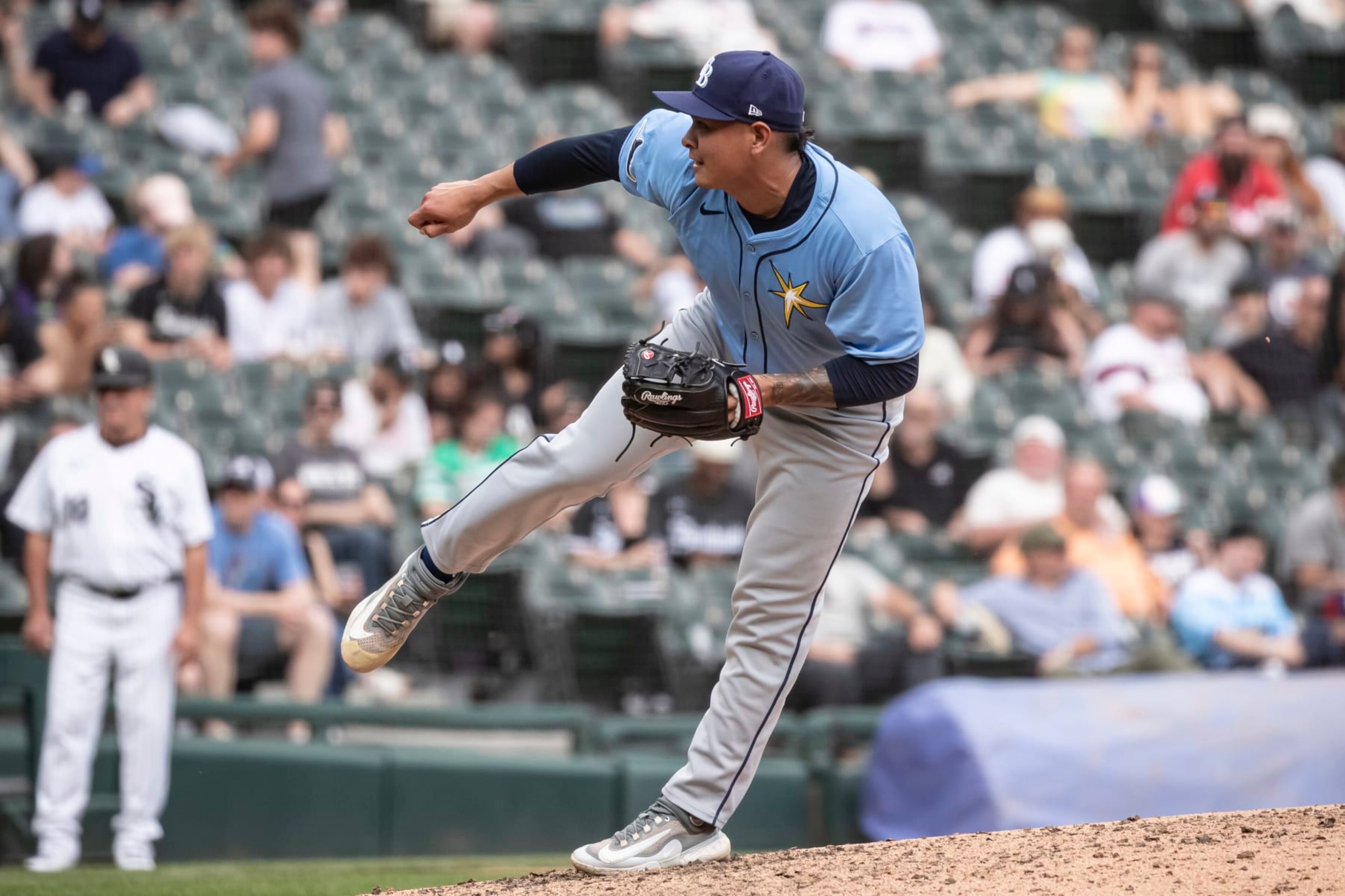 CHICAGO, ILLINOIS - APRIL 28: Manuel Rodríguez #39 of the Tampa Bay Rays delivers a pitch in the seventh inning against the Chicago White Sox at Guaranteed Rate Field on April 28, 2024 in Chicago, Illinois. (Photo by Griffin Quinn/Getty Images)