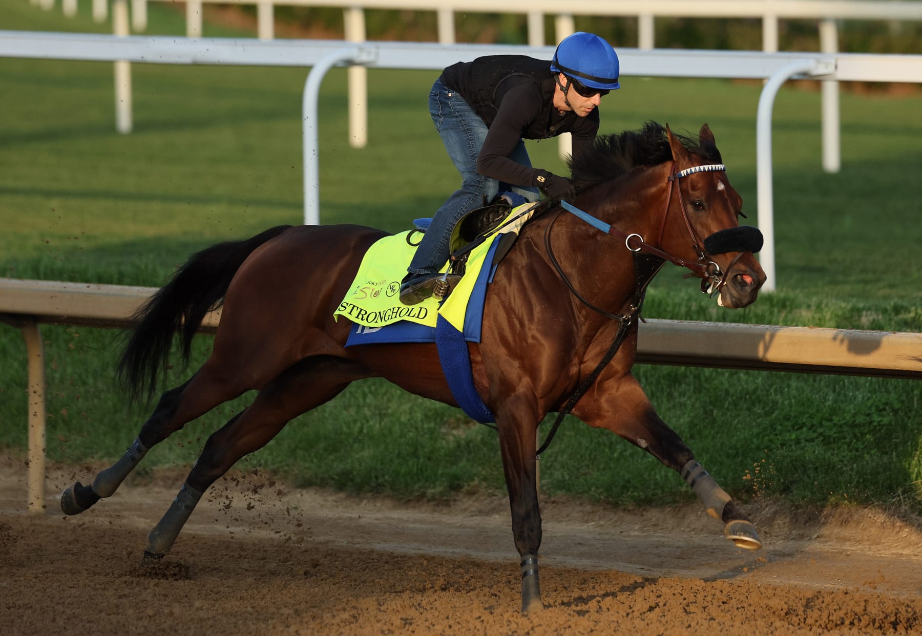 LOUISVILLE, KENTUCKY - APRIL 28: Stronghold runs on the track during the morning training for the Kentucky Derby at Churchill Downs on April 28, 2024 in Louisville, Kentucky.  (Photo by Andy Lyons/Getty Images)