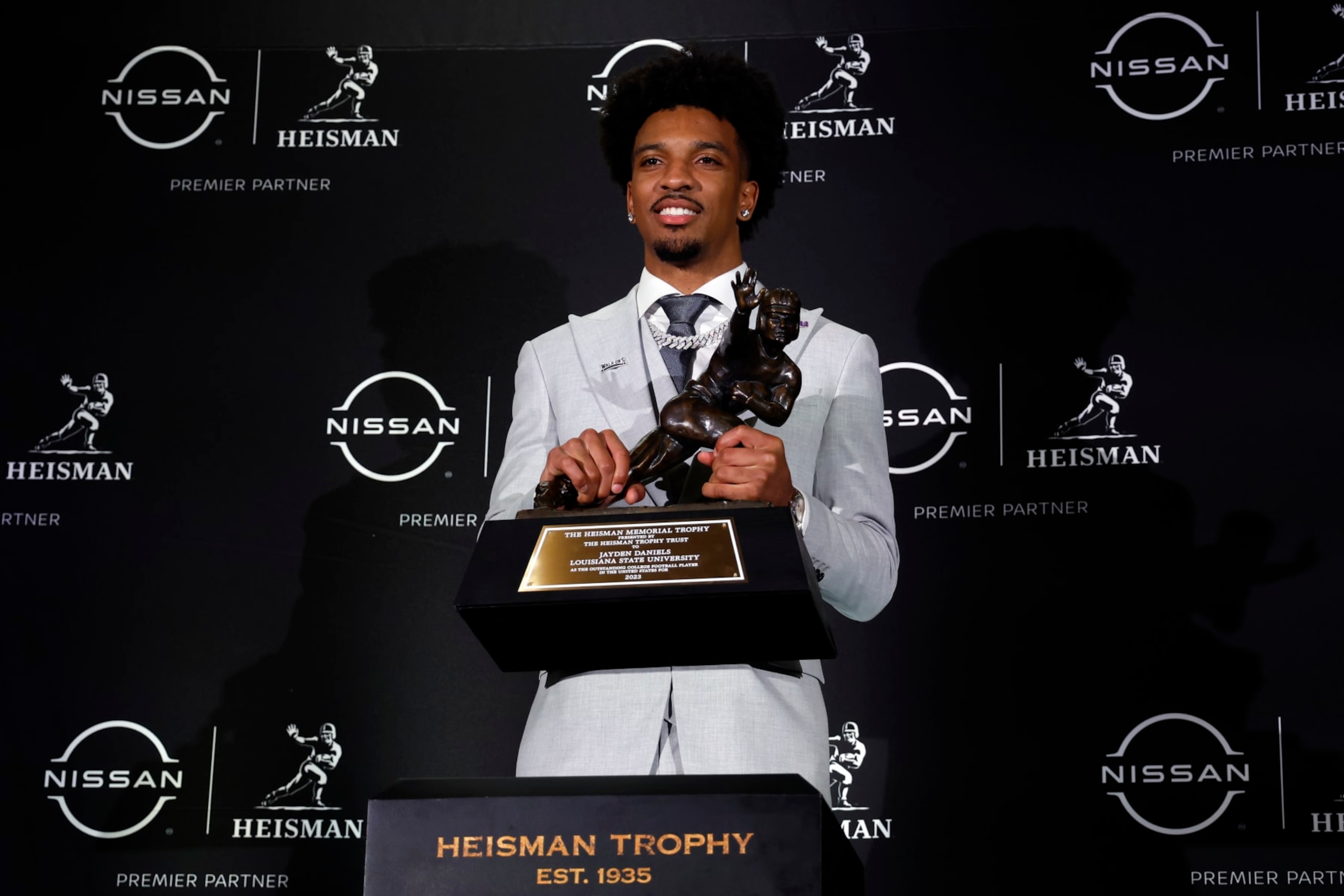 NEW YORK, NEW YORK - DECEMBER 09: Quarterback Jayden Daniels of the LSU Tigers poses with The Heisman Memorial Trophy at New York Marriott Marquis Hotel on December 09, 2023 in New York City. (Photo by Sarah Stier/Getty Images)