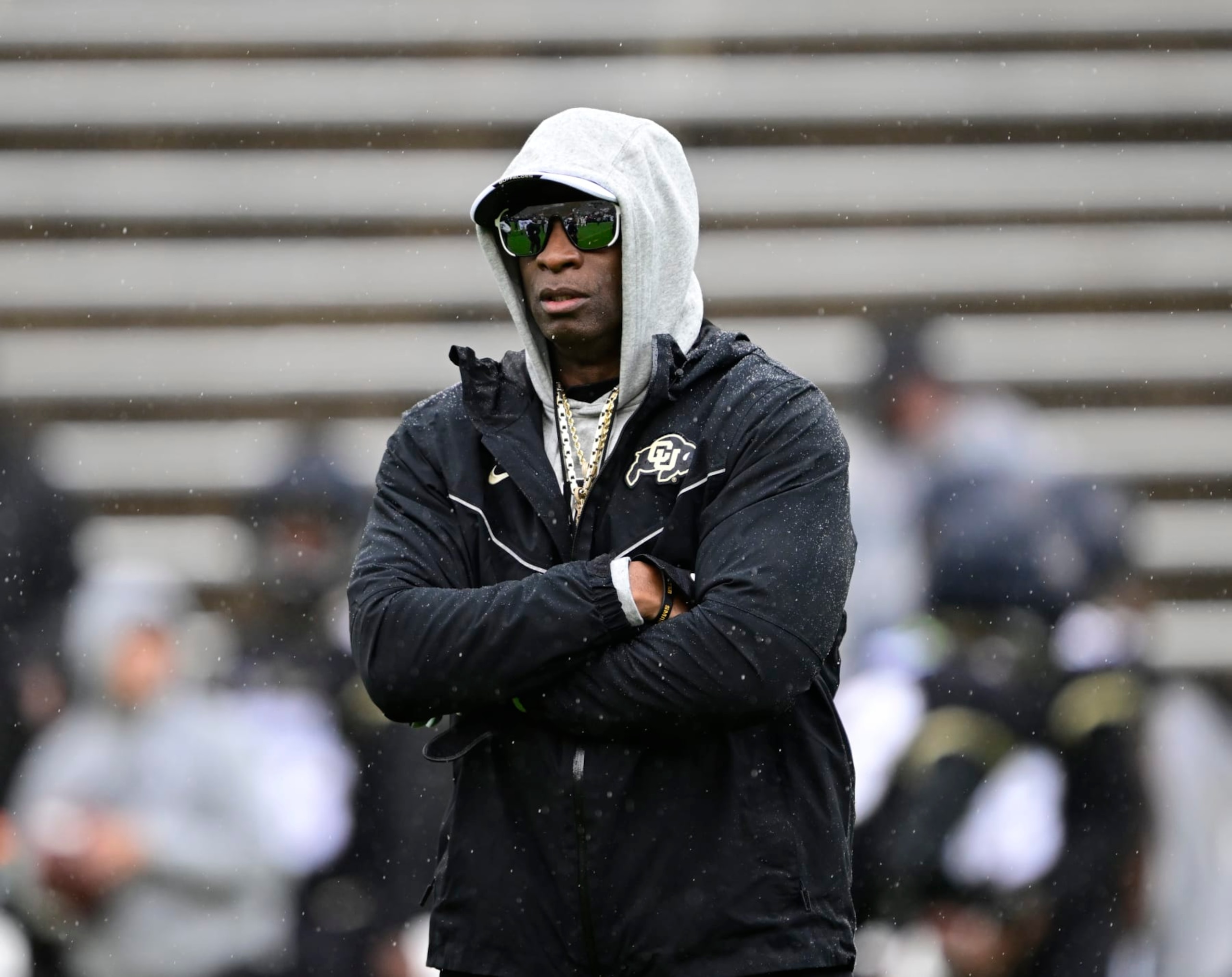 BOULDER, CO - APRIL 27: Colorado Buffaloes head coach Deion Sanders on the field for warmups before the Black and Gold spring game at Folsom Field in Boulder, Colorado on Saturday, April 27, 2024. (Photo by Andy Cross/The Denver Post)