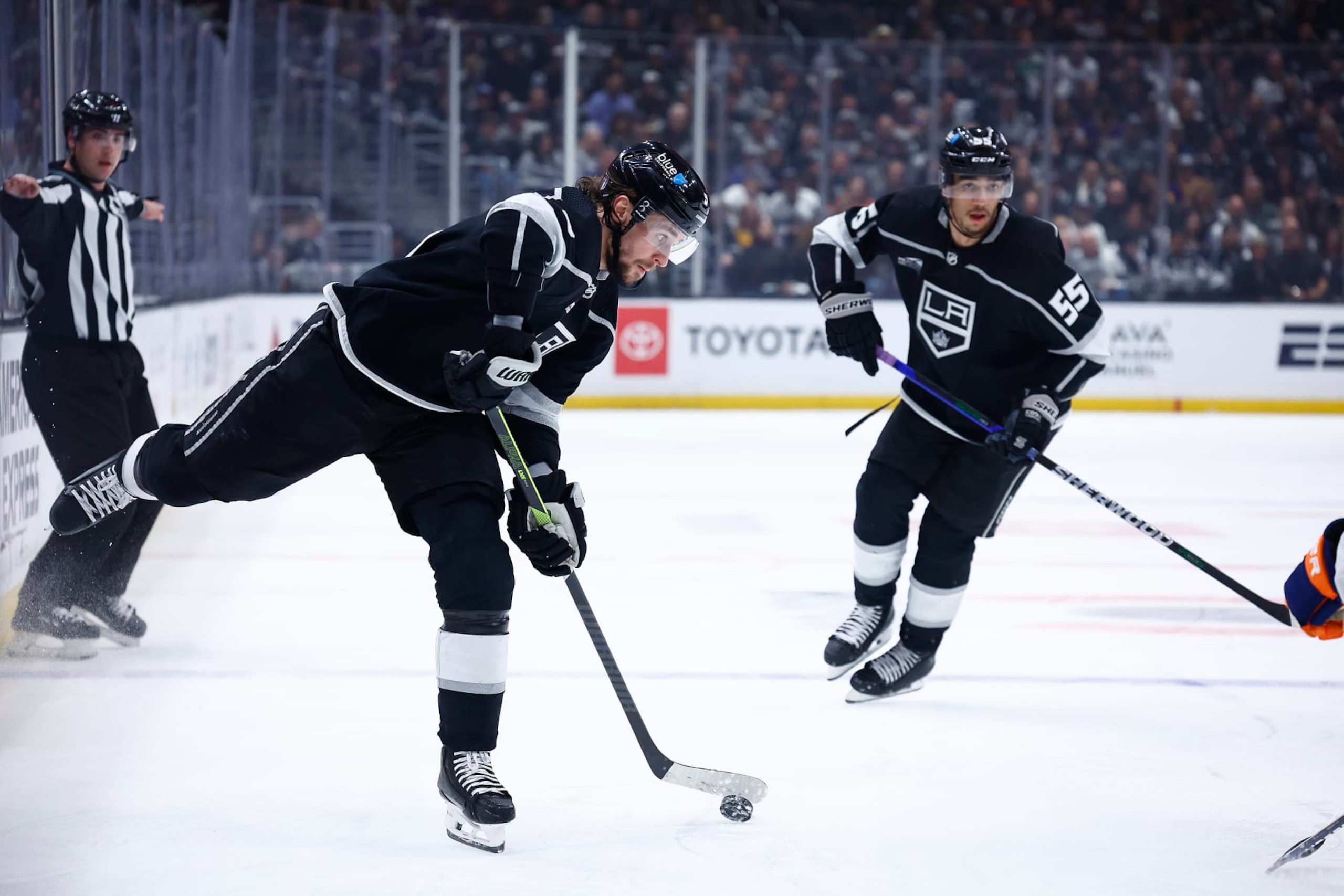 LOS ANGELES, CALIFORNIA - APRIL 28:  Adrian Kempe #9 of the Los Angeles Kings takes a shot against Edmonton Oilers in the second period during Game Four of the First Round of the 2024 Stanley Cup Playoffs at Crypto.com Arena on April 28, 2024 in Los Angeles, California. (Photo by Ronald Martinez/Getty Images)