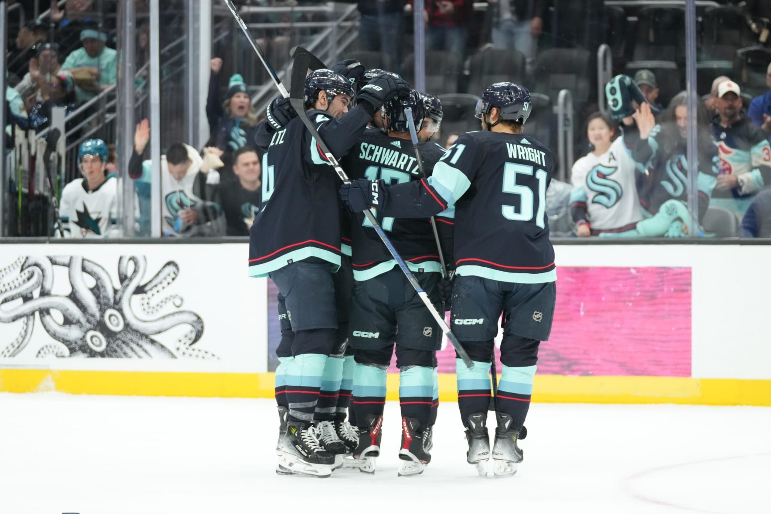 SEATTLE, WA - APRIL 11: The Kraken celebrate a first period goal during an NHL game between the San Jose Sharks and the Seattle Kraken on April 11, 2024 at Climate Pledge Arena in Seattle, WA. (Photo by Jeff Halstead/Icon Sportswire via Getty Images)