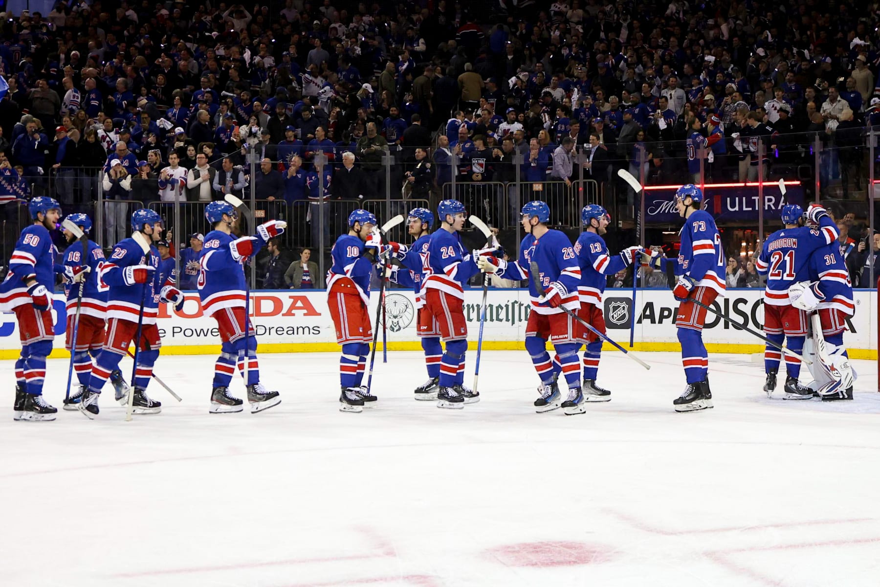 NEW YORK, NY - APRIL 23: The New York Rangers celebrate following the National Hockey League Stanley Cup Playoffs Eastern Conference First Round game between the Washington Capitals and the New York Rangers on April 23, 2024 at Madison Square Garden in New York, NY. (Photo by Joshua Sarner/Icon Sportswire via Getty Images)