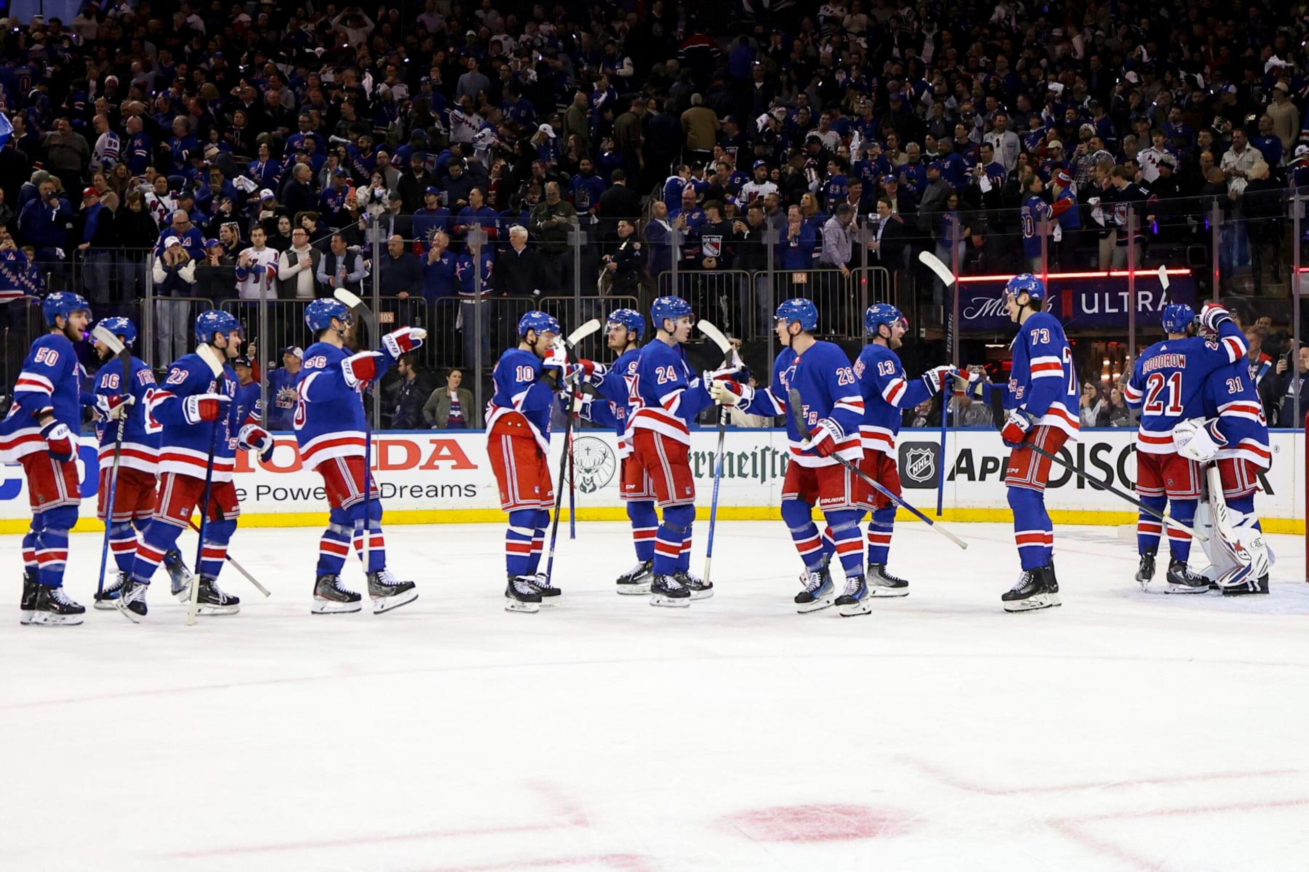NEW YORK, NY - APRIL 23: The New York Rangers celebrate following the National Hockey League Stanley Cup Playoffs Eastern Conference First Round game between the Washington Capitals and the New York Rangers on April 23, 2024 at Madison Square Garden in New York, NY. (Photo by Joshua Sarner/Icon Sportswire via Getty Images)