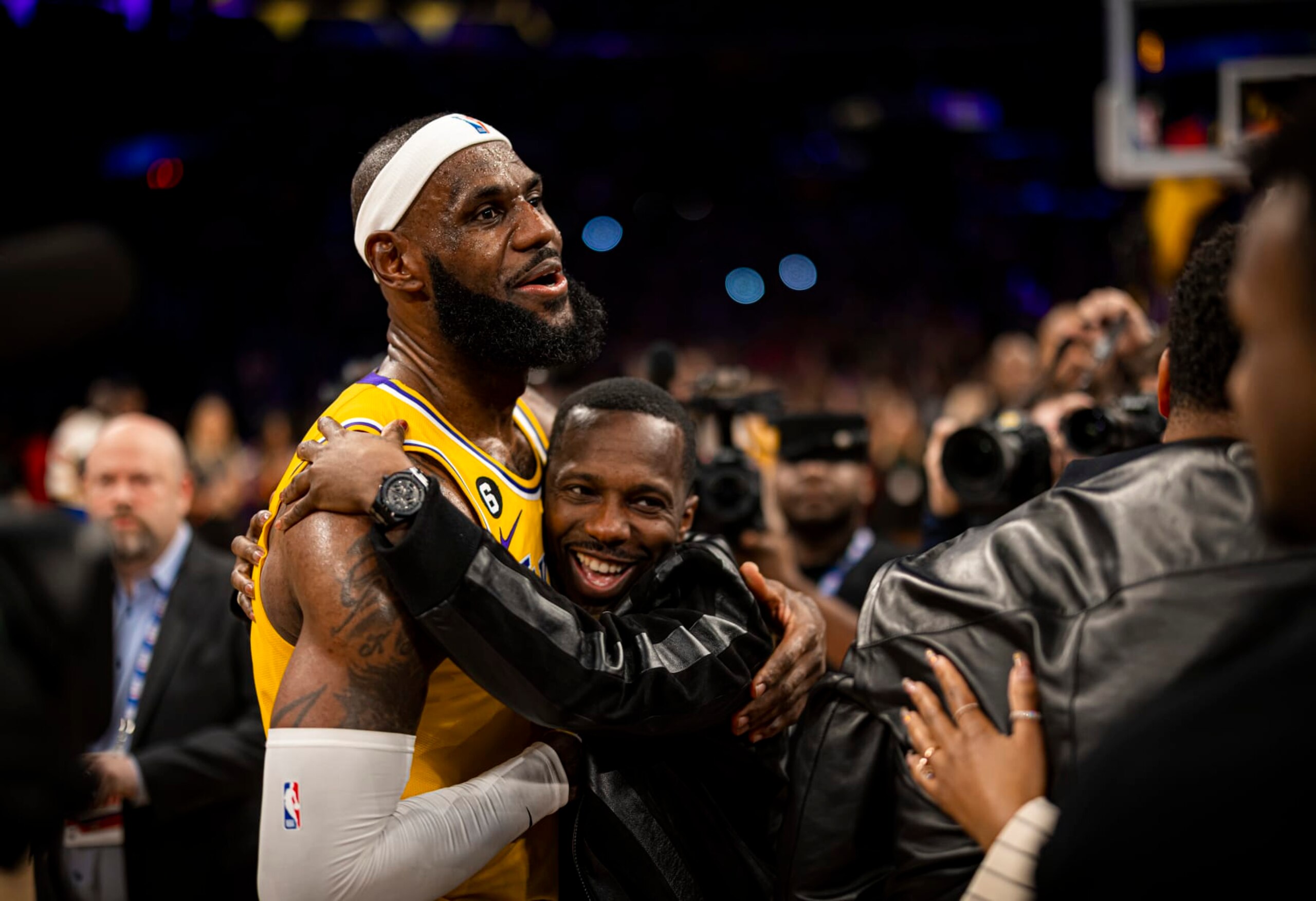 LOS ANGELES, CA - FEBRUARY 7: Rich Paul hugs LeBron James #6 of the Los Angeles Lakers after the game against the Oklahoma City Thunder on February 7, 2023 at Crypto.Com Arena in Los Angeles, California. NOTE TO USER: User expressly acknowledges and agrees that, by downloading and/or using this Photograph, user is consenting to the terms and conditions of the Getty Images License Agreement. Mandatory Copyright Notice: Copyright 2023 NBAE (Photo by Zach Beeker/NBAE via Getty Images)