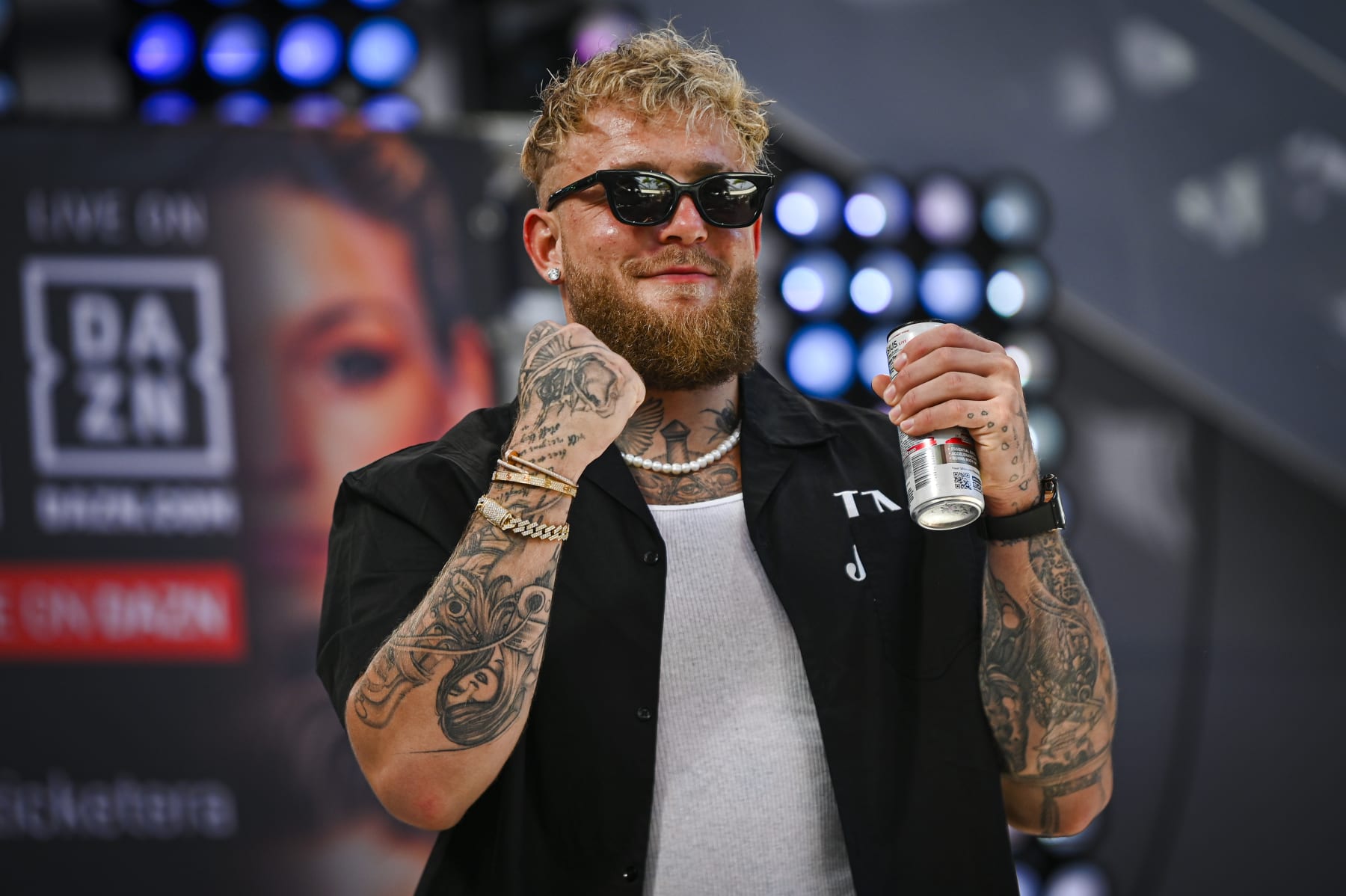 SAN JUAN, PUERTO RICO - JANUARY 18: Jake Paul gestures at the T-Mobile District During the press conference for the fight schedule on March 2 at the Puerto Rico Coliseum where the main fight will be Amanda Serrano VS Nina Meinke. Jake Paul will be the co-main event fight in San Juan , Puerto Rico on January 18,2024. (Photo by Miguel J. Rodríguez Carrillo /VIEWpress)