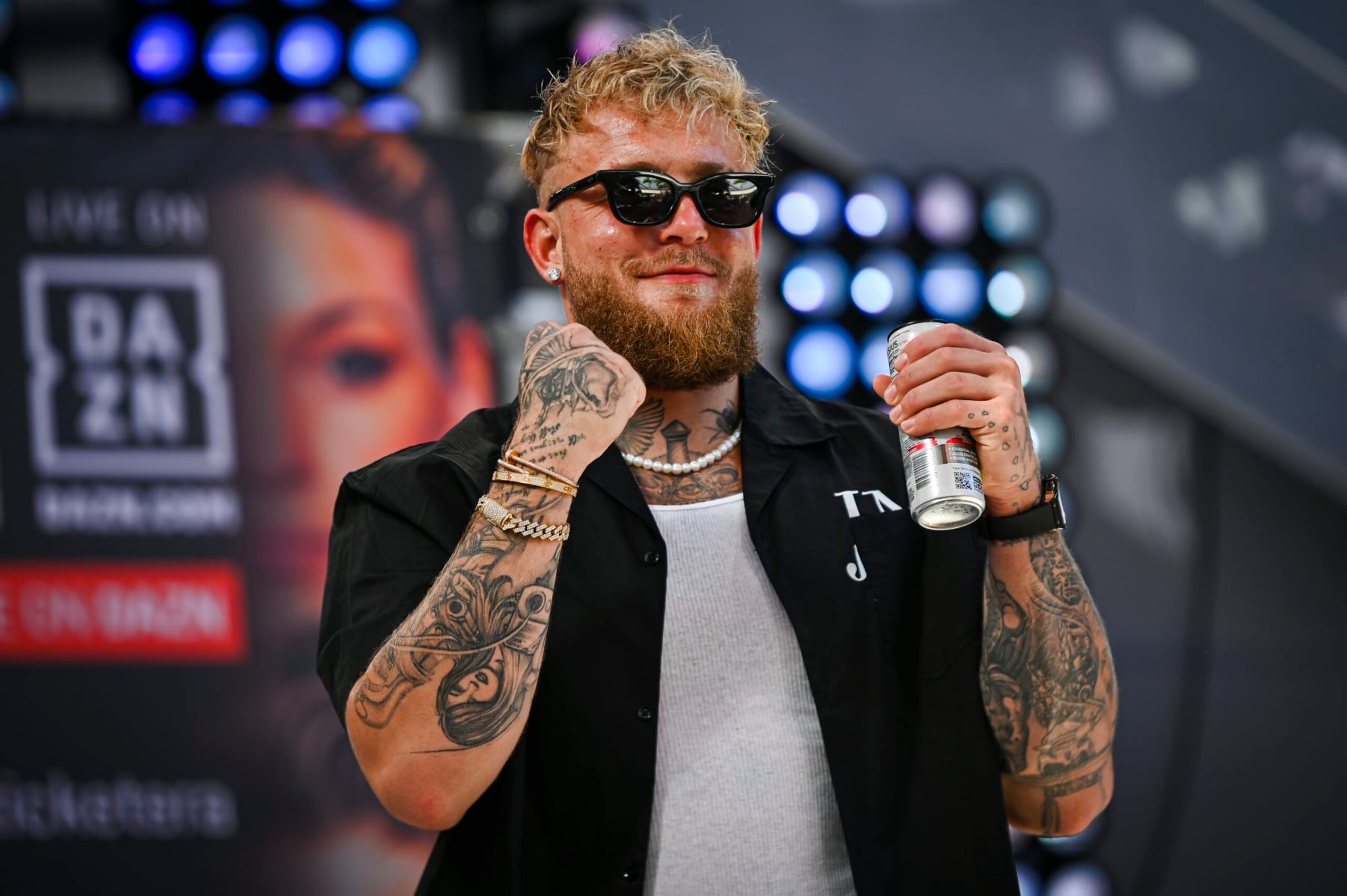 SAN JUAN, PUERTO RICO - JANUARY 18: Jake Paul gestures at the T-Mobile District During the press conference for the fight schedule on March 2 at the Puerto Rico Coliseum where the main fight will be Amanda Serrano VS Nina Meinke. Jake Paul will be the co-main event fight in San Juan , Puerto Rico on January 18,2024. (Photo by Miguel J. Rodríguez Carrillo /VIEWpress)