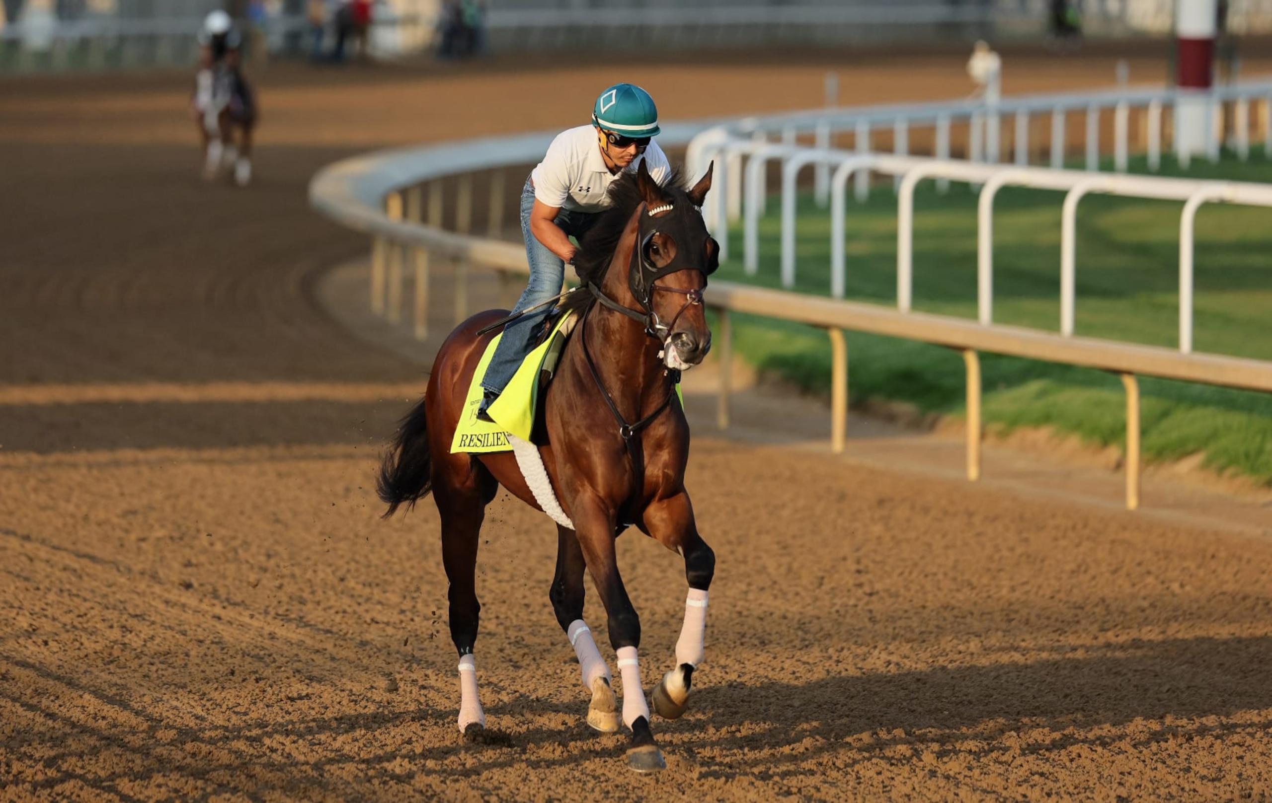 LOUISVILLE, KENTUCKY - APRIL 28:  Resilience runs on the track during the morning training for the Kentucky Derby at Churchill Downs on April 28, 2024 in Louisville, Kentucky.  (Photo by Andy Lyons/Getty Images)