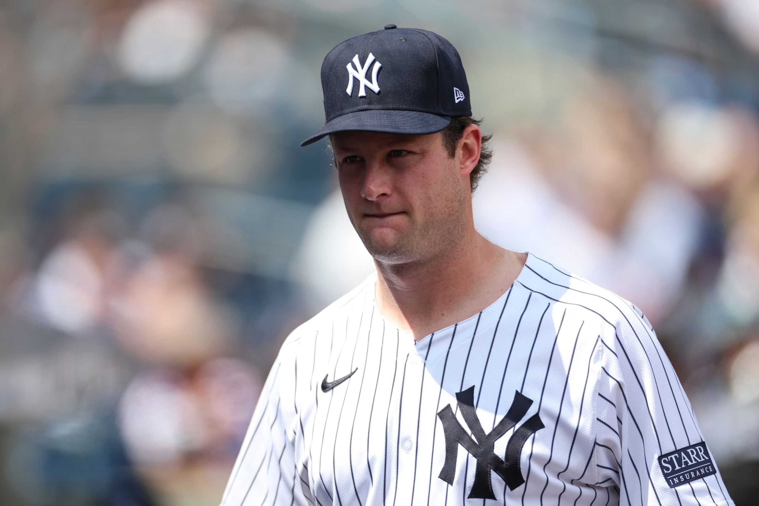 BRONX, NY - APRIL 20: New York Yankees pitcher Gerrit Cole (45) looks on in the dugout prior to a regular season game between the Tampa Bay Rays and New York Yankees on April 20, 2024 at Yankee Stadium in the Bronx, New York. (Photo by Brandon Sloter/Icon Sportswire via Getty Images)