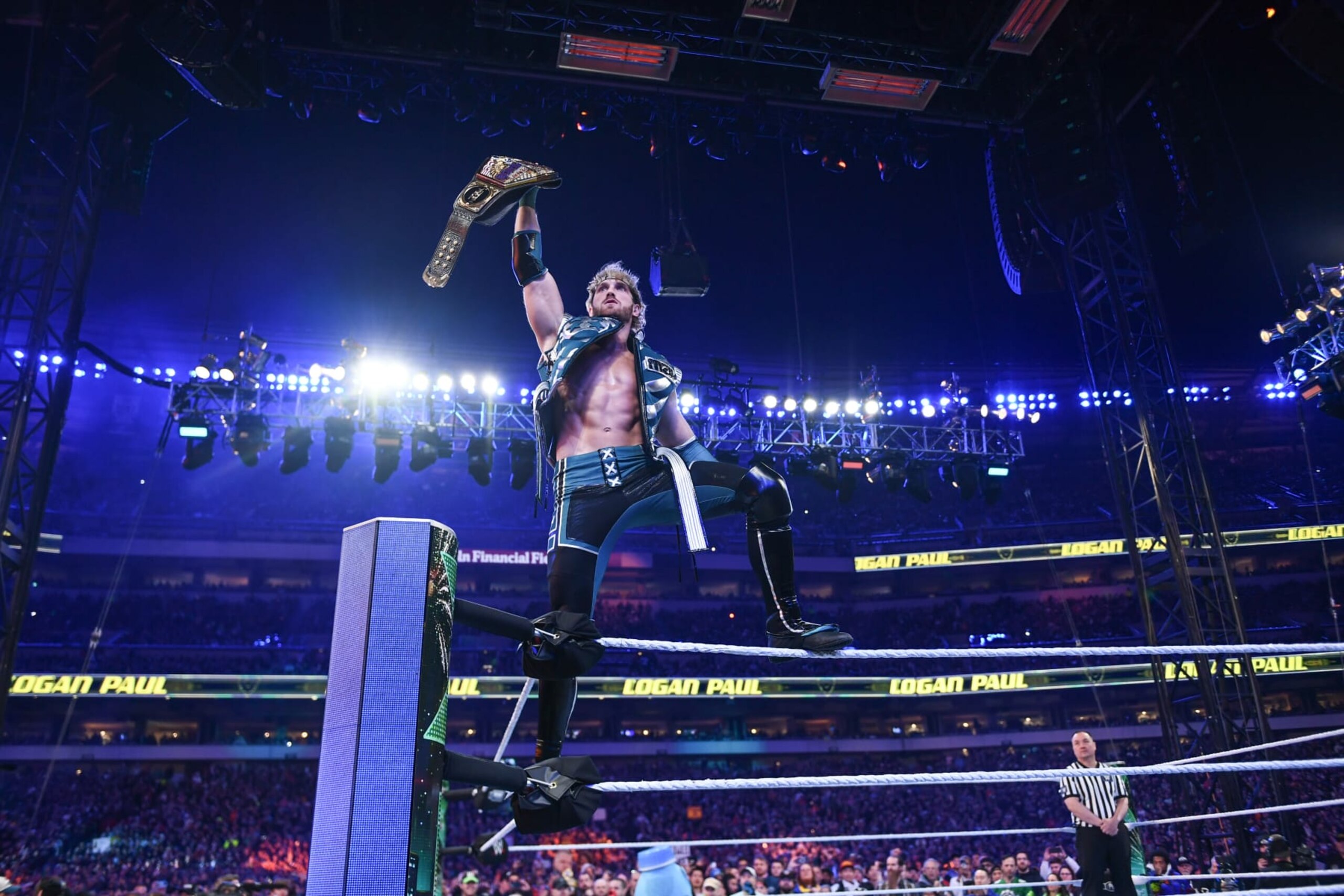 PHILADELPHIA, PENNSYLVANIA - APRIL 07: Logan Paul enters the ring during Night Two of WrestleMania 40 at Lincoln Financial Field on April 7, 2024 in Philadelphia, Pennsylvania. (Photo by WWE/Getty Images)
