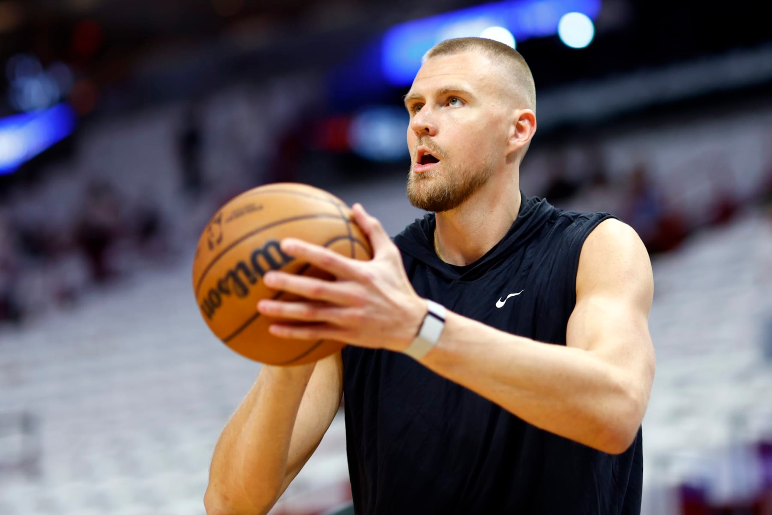 Miami, FL - April 27: Boston Celtics center Kristaps Porzingis warms up before the game. (Photo by Danielle Parhizkaran/The Boston Globe via Getty Images)