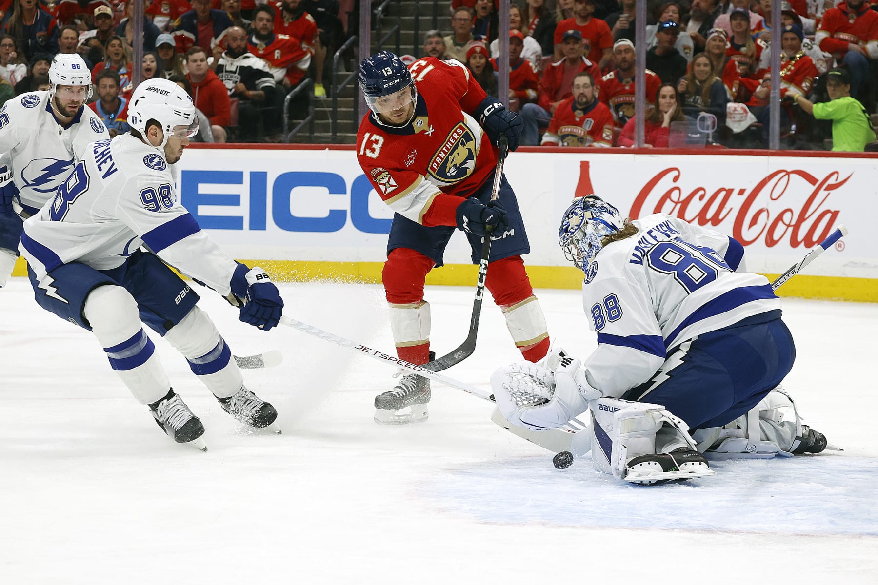 SUNRISE, FLORIDA - APRIL 29: Goaltender Andrei Vasilevskiy #88 of the Tampa Bay Lightning defends the net against Sam Reinhart #13 of the Florida Panthers in Game Five of the First Round of the 2024 Stanley Cup Playoffs at the Amerant Bank Arena on April 29, 2024 in Sunrise, Florida. (Photo by Eliot J. Schechter/NHLI via Getty Images)