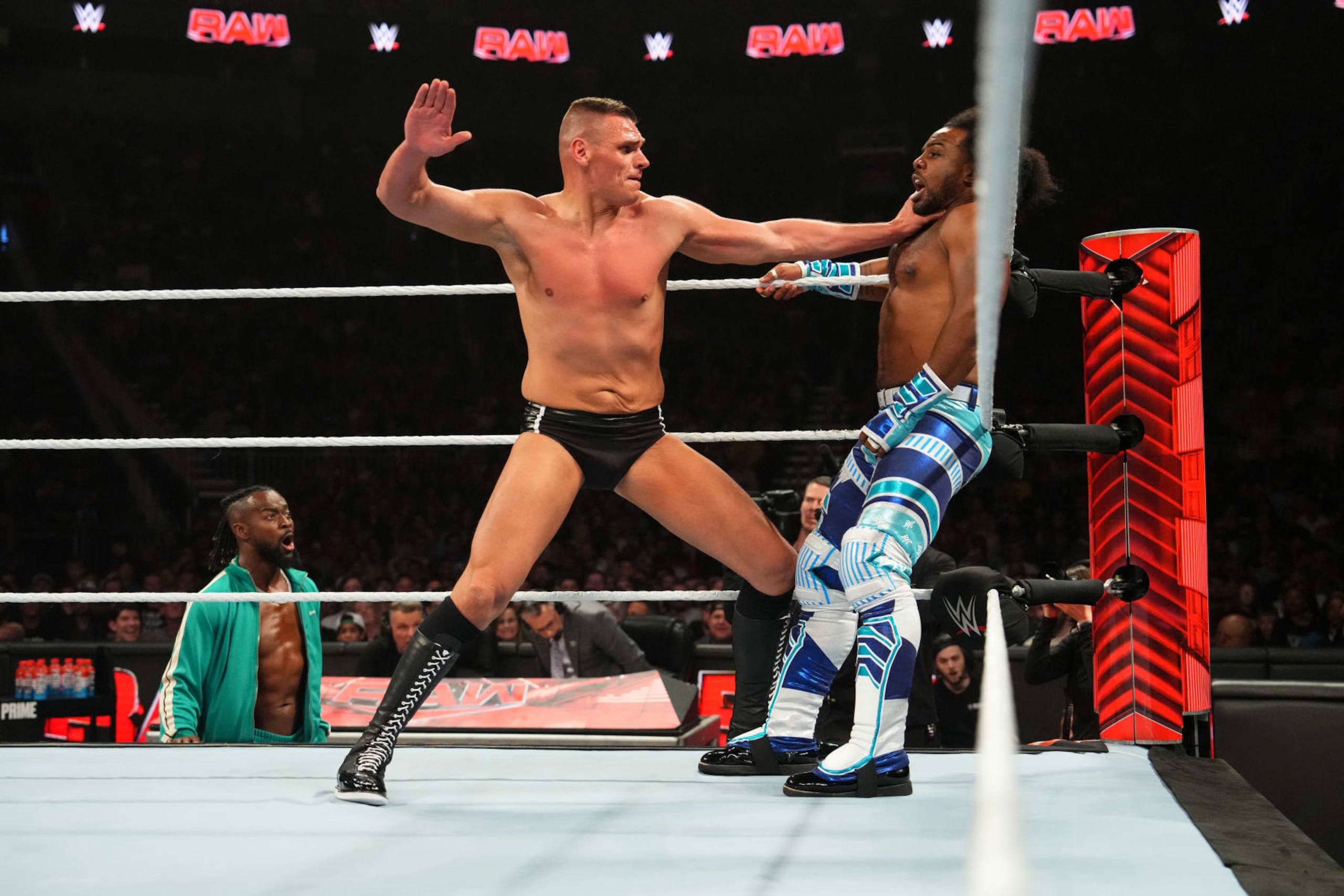 KANSAS CITY, MISSOURI - APRIL 29: GUNTHER hits Xavier Woods with a big chop at T-Mobile Center on April 29, 2024 in Kansas City, Missouri.  (Photo by WWE/Getty Images)